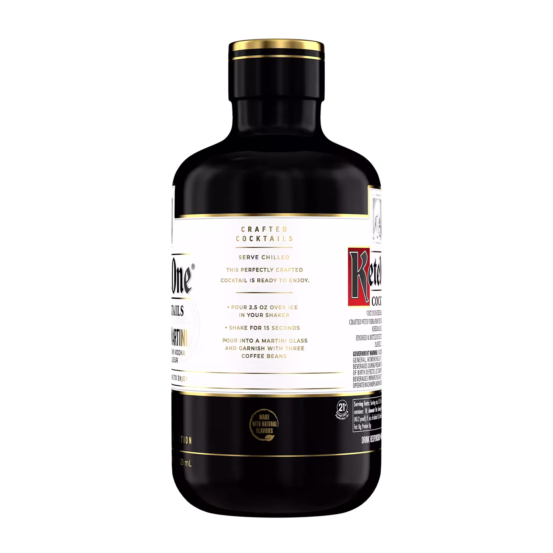 A black bottle of Ketel One Espresso Martini ready-to-serve cocktail, featuring gold and white labeling and instructions for serving on the back.