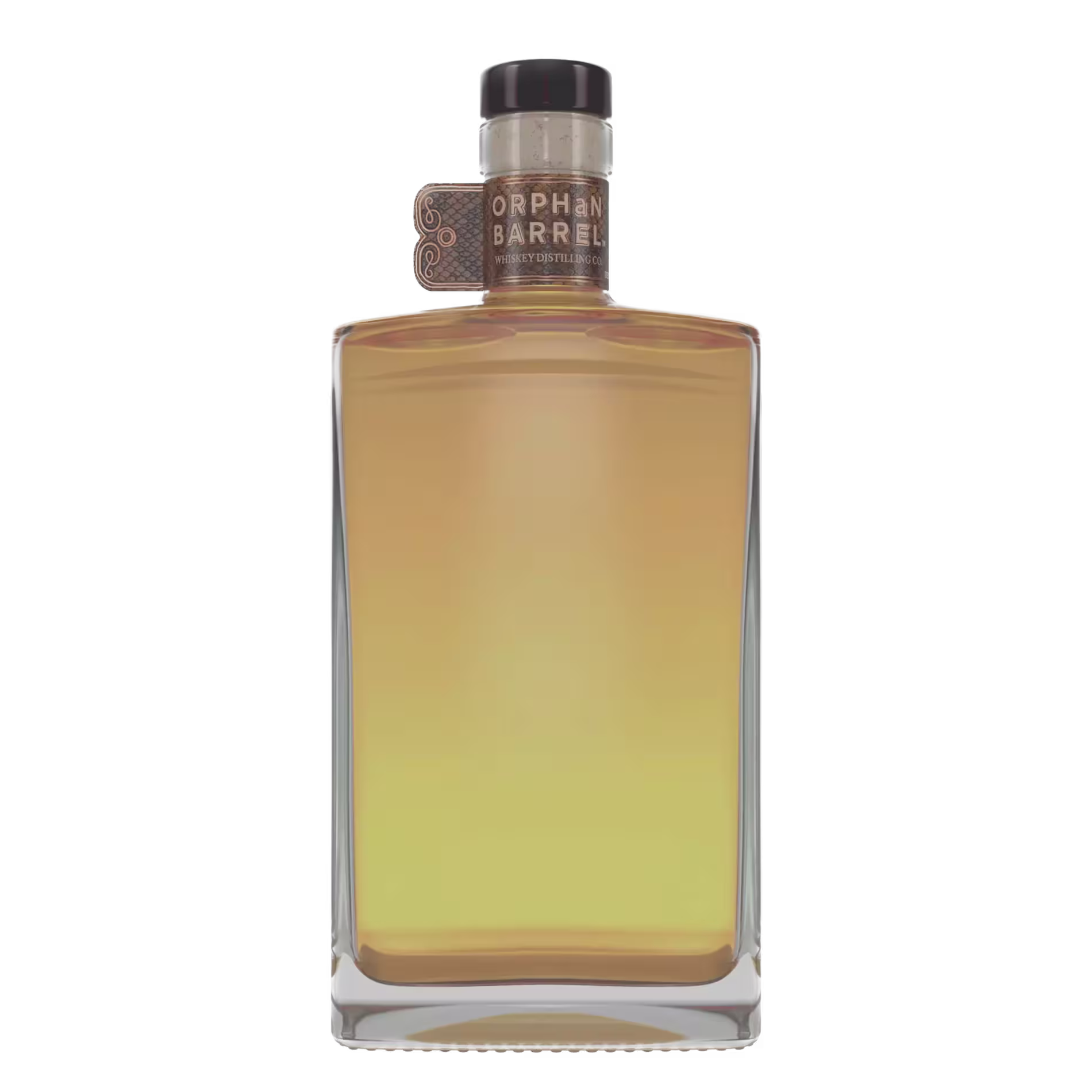 A rectangular glass bottle filled with light amber liquid, featuring a round dark cap and a label near the neck reading Orphan Barrel.