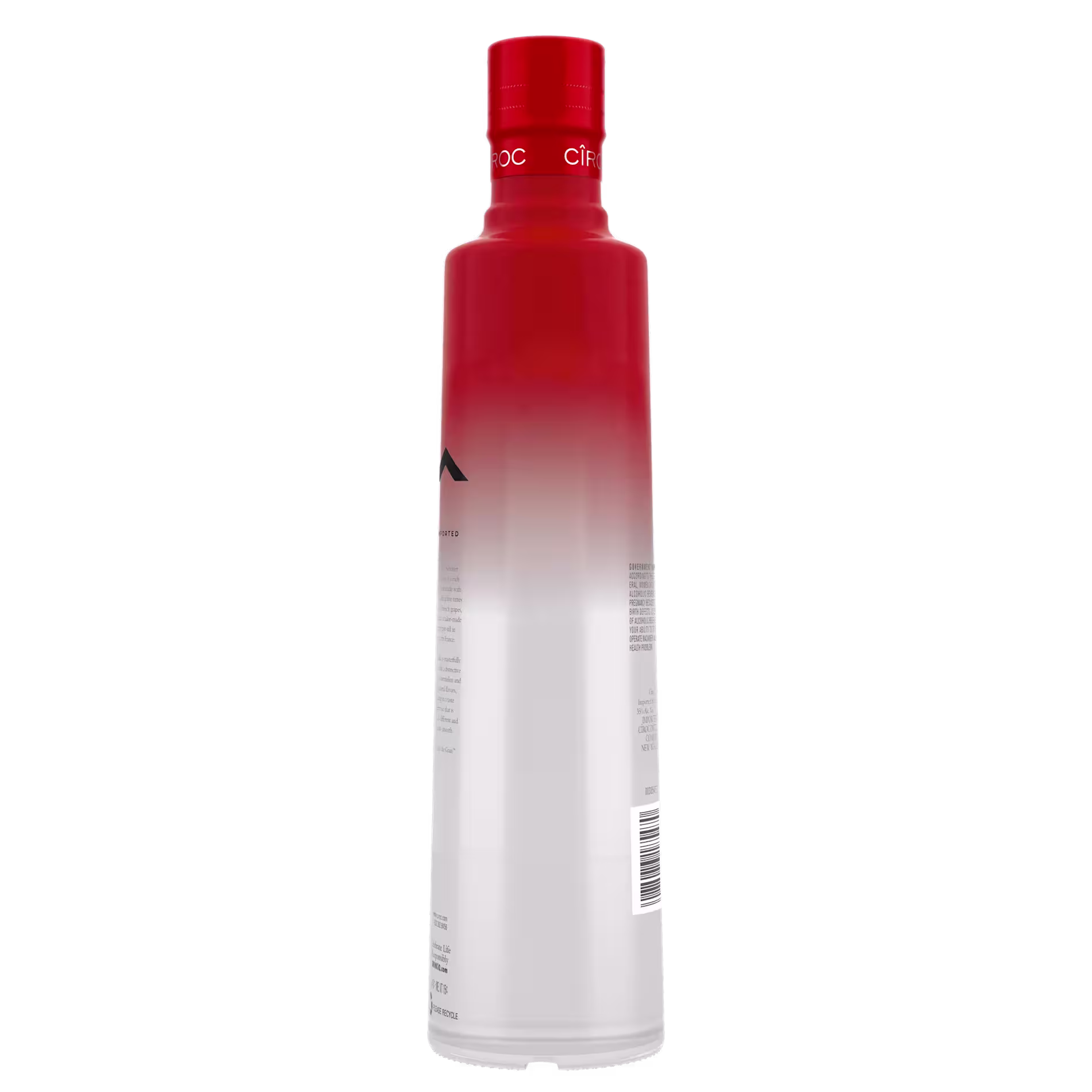 A tall bottle with a red cap and red-to-white gradient design, featuring some text and a barcode near the base.