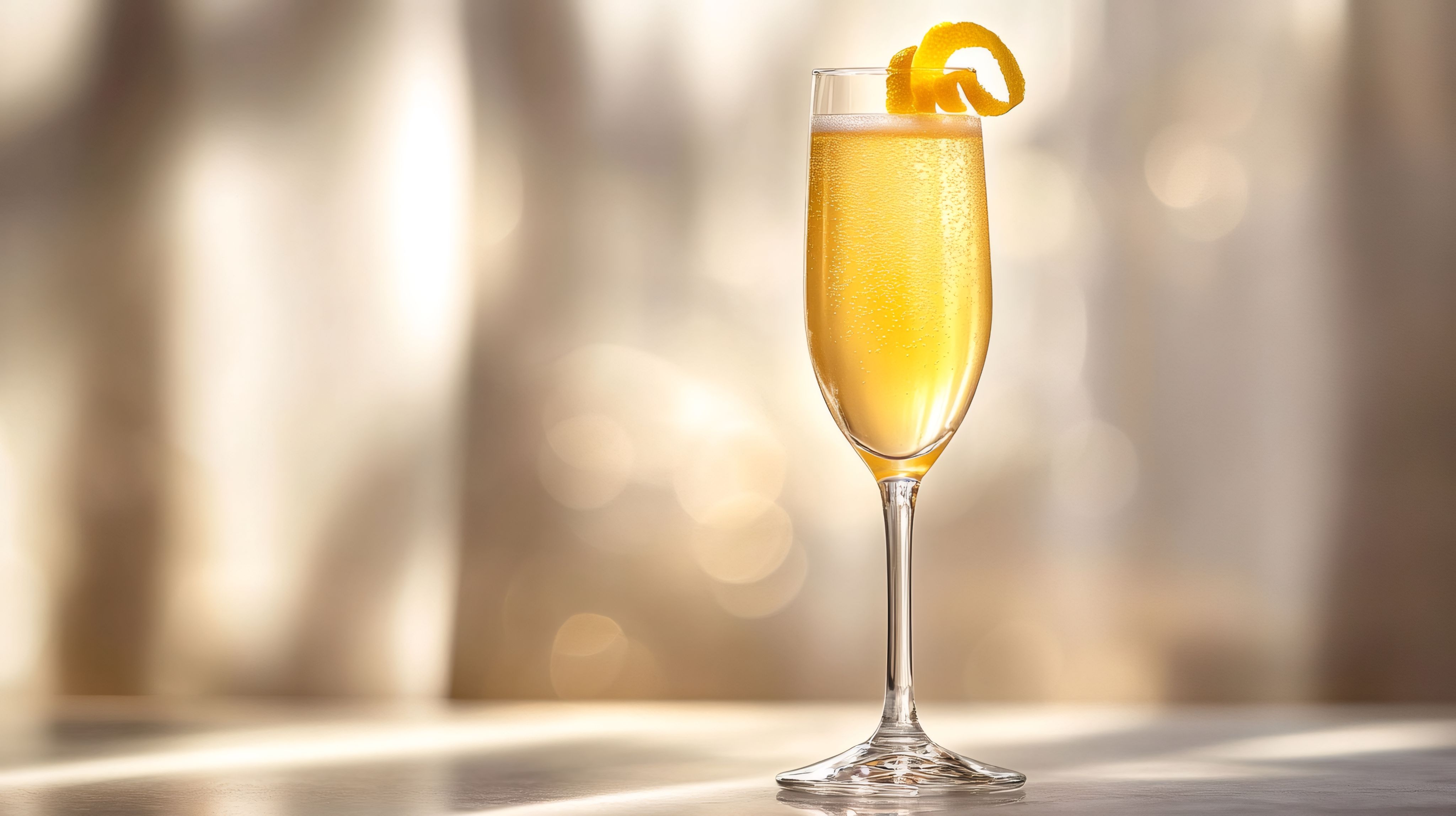 A French 125 cocktail in a Champagne flute with a lemon spiral garnish