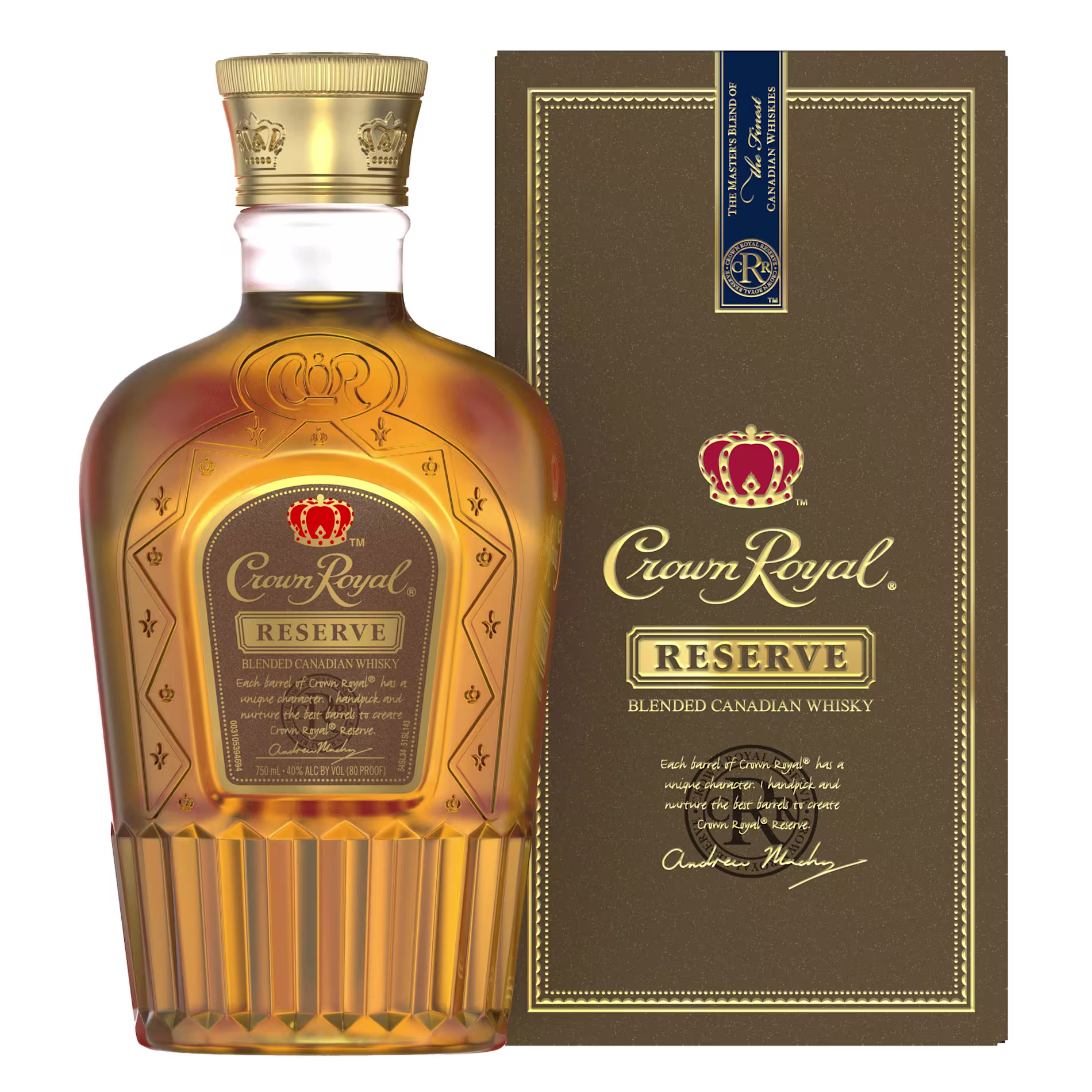 Crown Royal Reserve blended Canadian whisky bottle shown next to its matching brown and gold box.