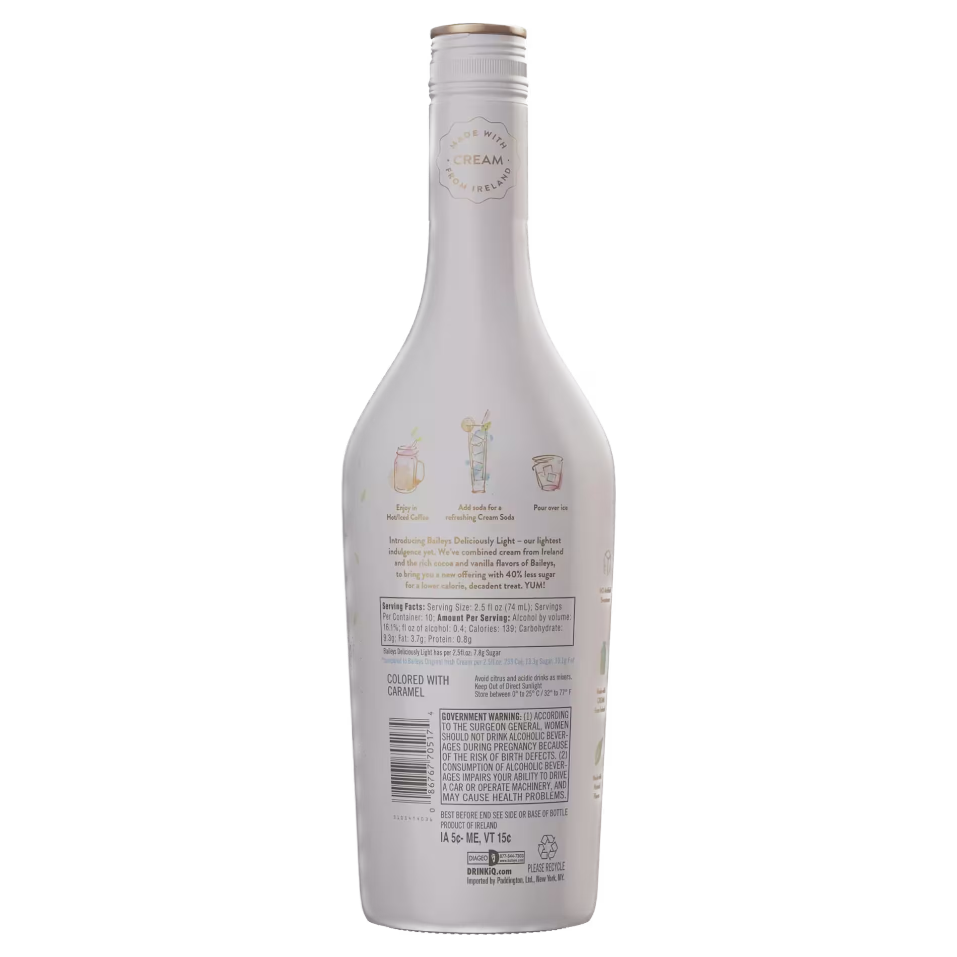 Back view of a white RumChata Cream Liqueur bottle showing the label with ingredients, recipes, barcode, and product information.