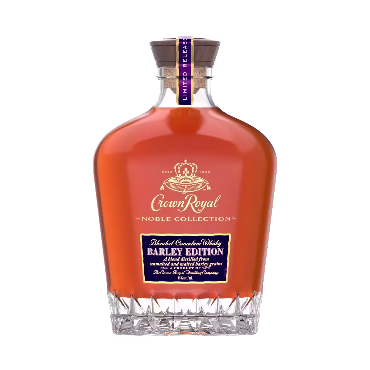 A bottle of Crown Royal Noble Collection Barley Edition Blended Canadian Whisky with a purple and gold label and crystal-cut base.