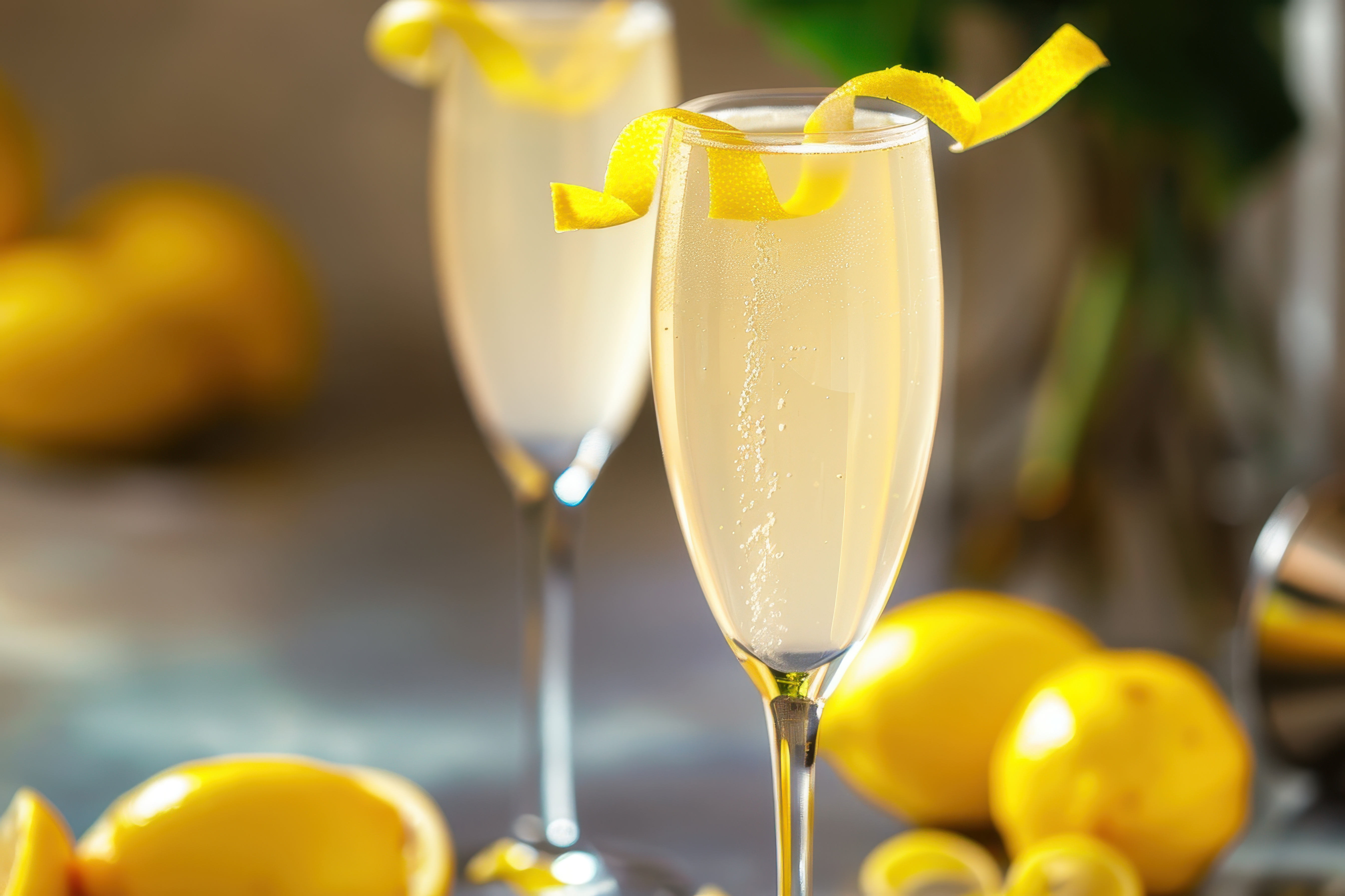 A French 95 cocktail in a Champagne flute with a lemon peel twist garnish
