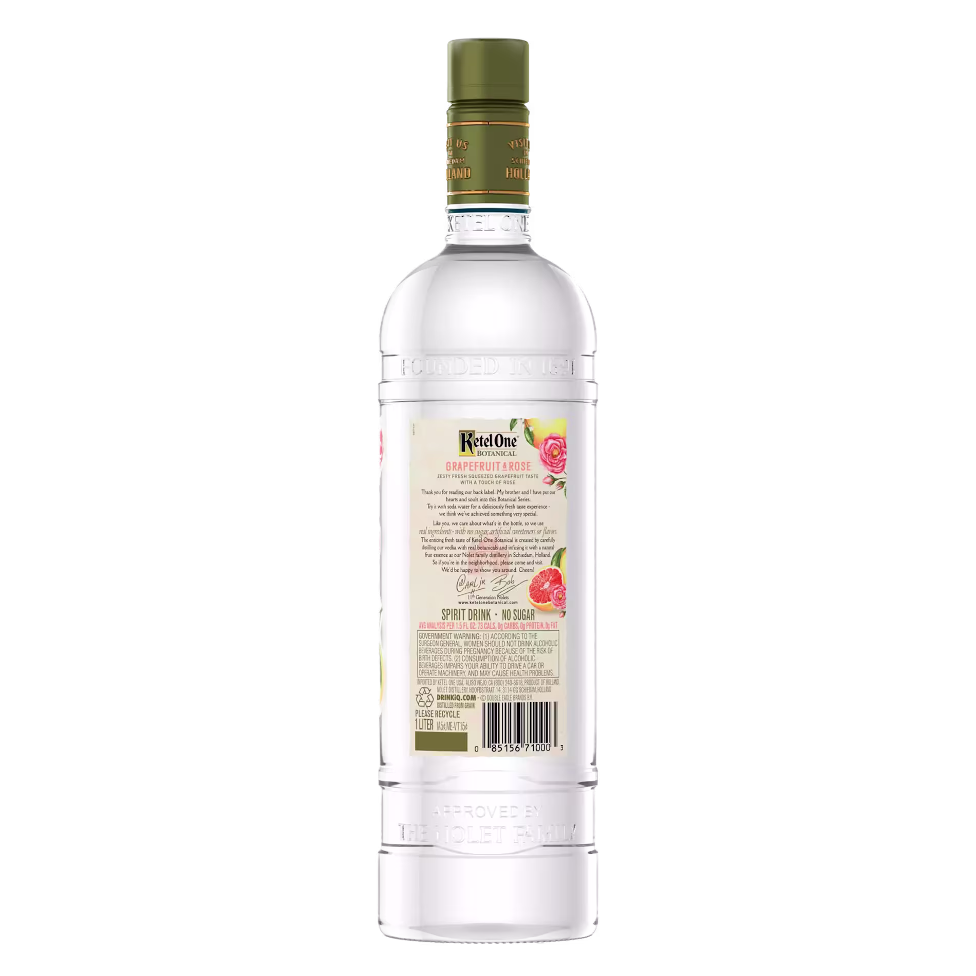 A clear bottle of Ketel One Grapefruit & Rose vodka with the back label showing product details, floral graphics, and a green cap.