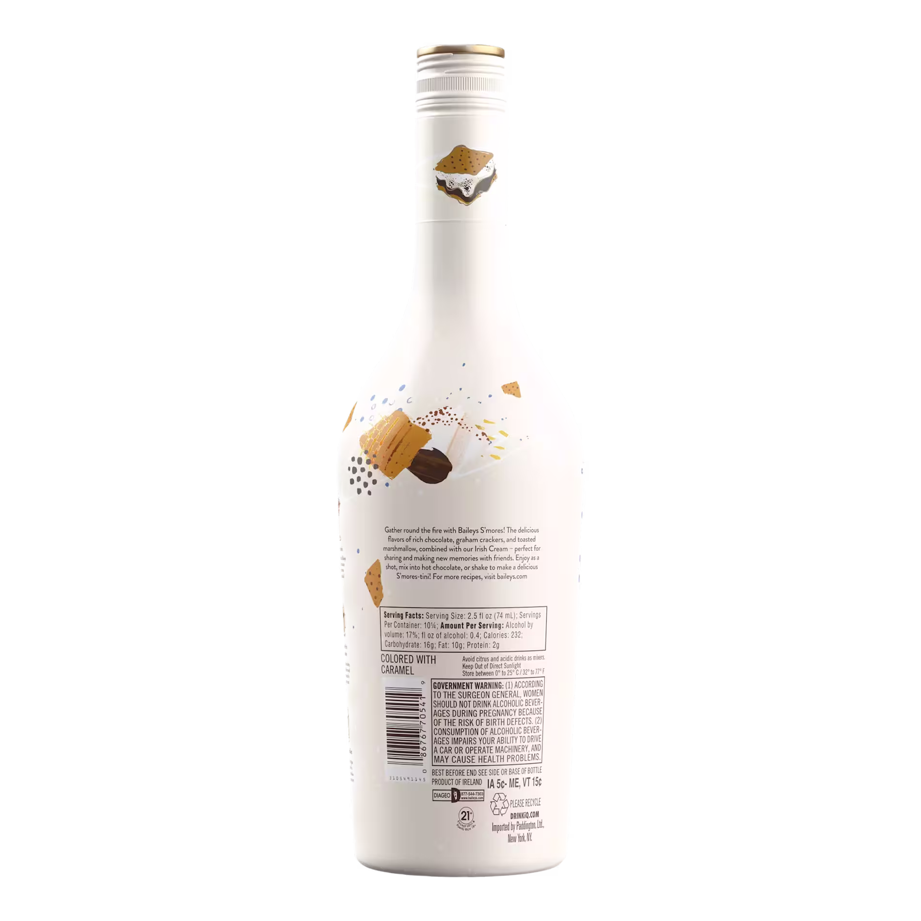 A white bottle with a gold cap, featuring images of graham crackers, chocolate, and marshmallows, shown from the back with the label and nutritional information visible.