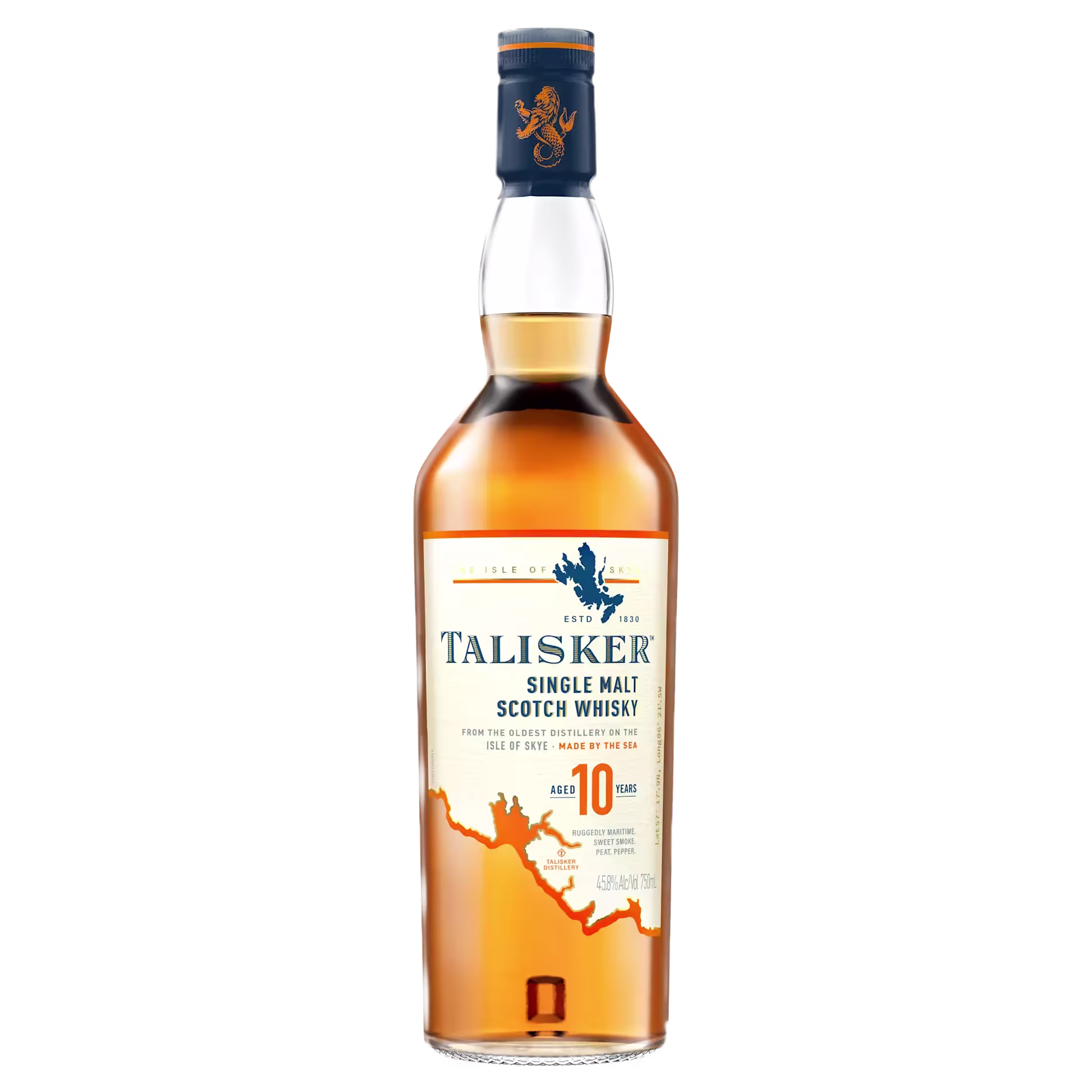 A bottle of Talisker 10 Year Old Single Malt Scotch Whisky with a navy blue and cream label, showing a seascape and gold text.