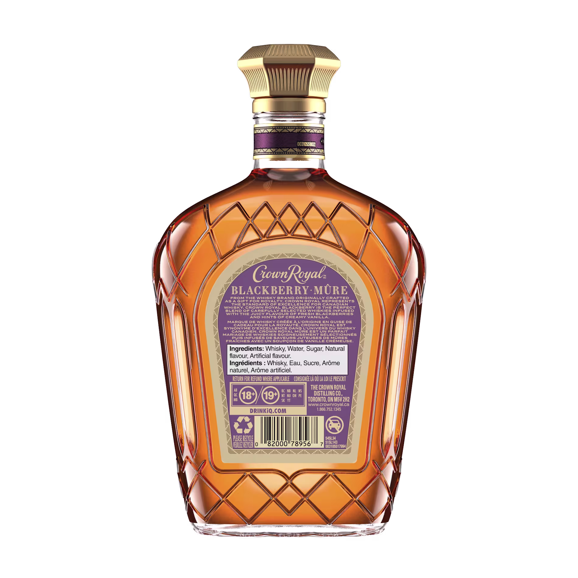 A bottle of Crown Royal Blackberry Flavored Whisky shown from the back, displaying the label with ingredients and a barcode.