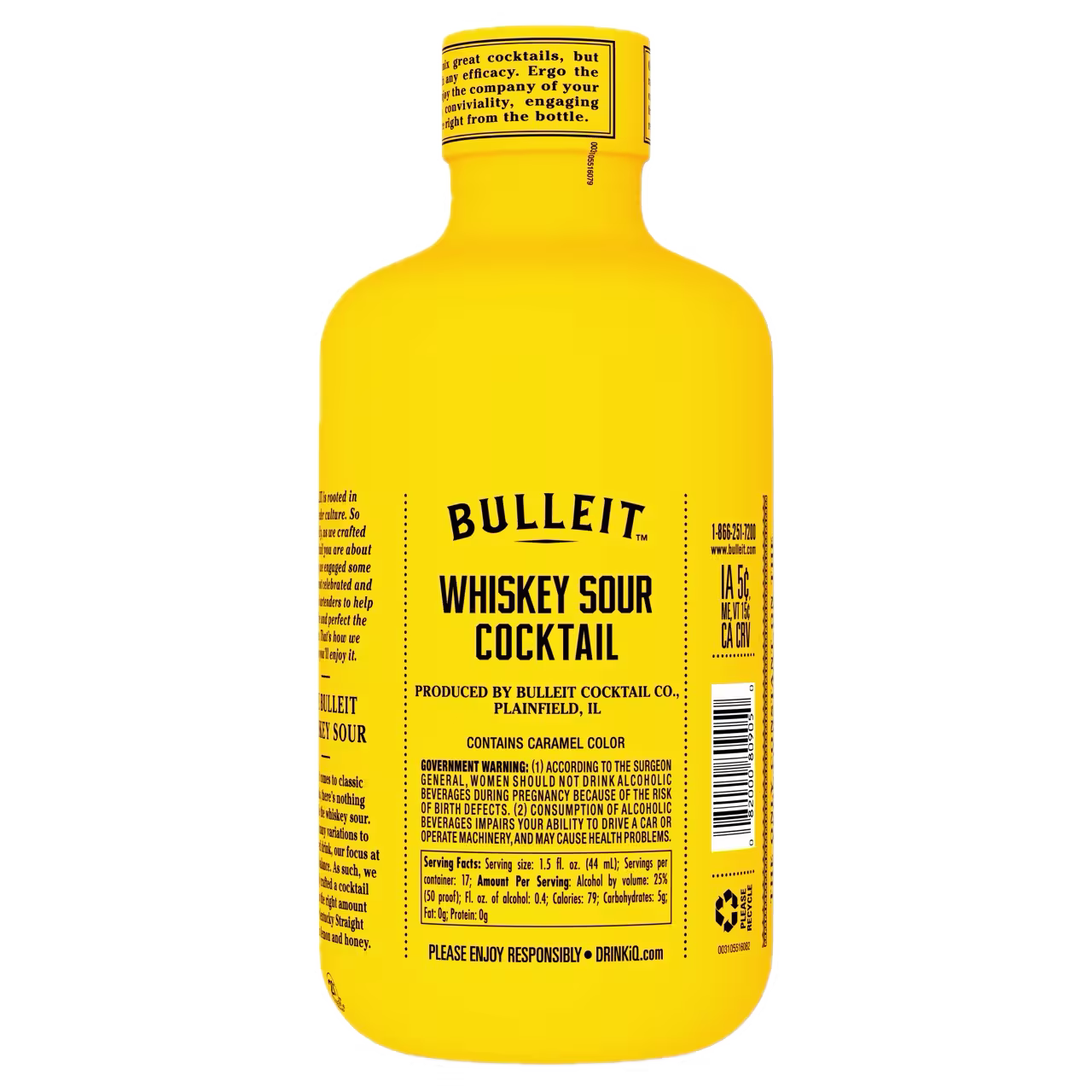 A yellow bottle labeled Bulleit Whiskey Sour Cocktail with black text, showing product information and a barcode on a plain white background.
