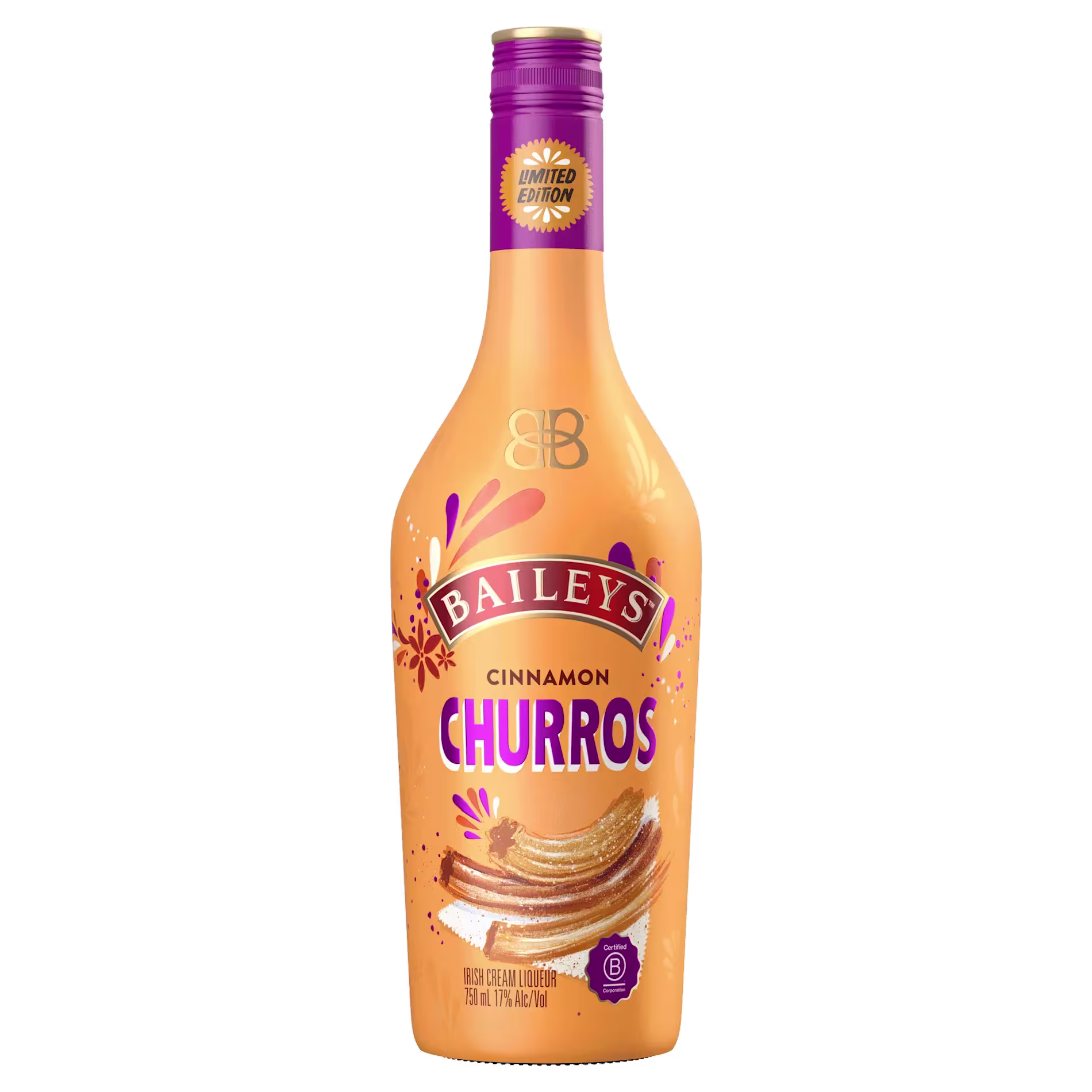 Baileys Cinnamon Churros limited edition cream liqueur bottle with orange and purple label featuring churro illustrations.