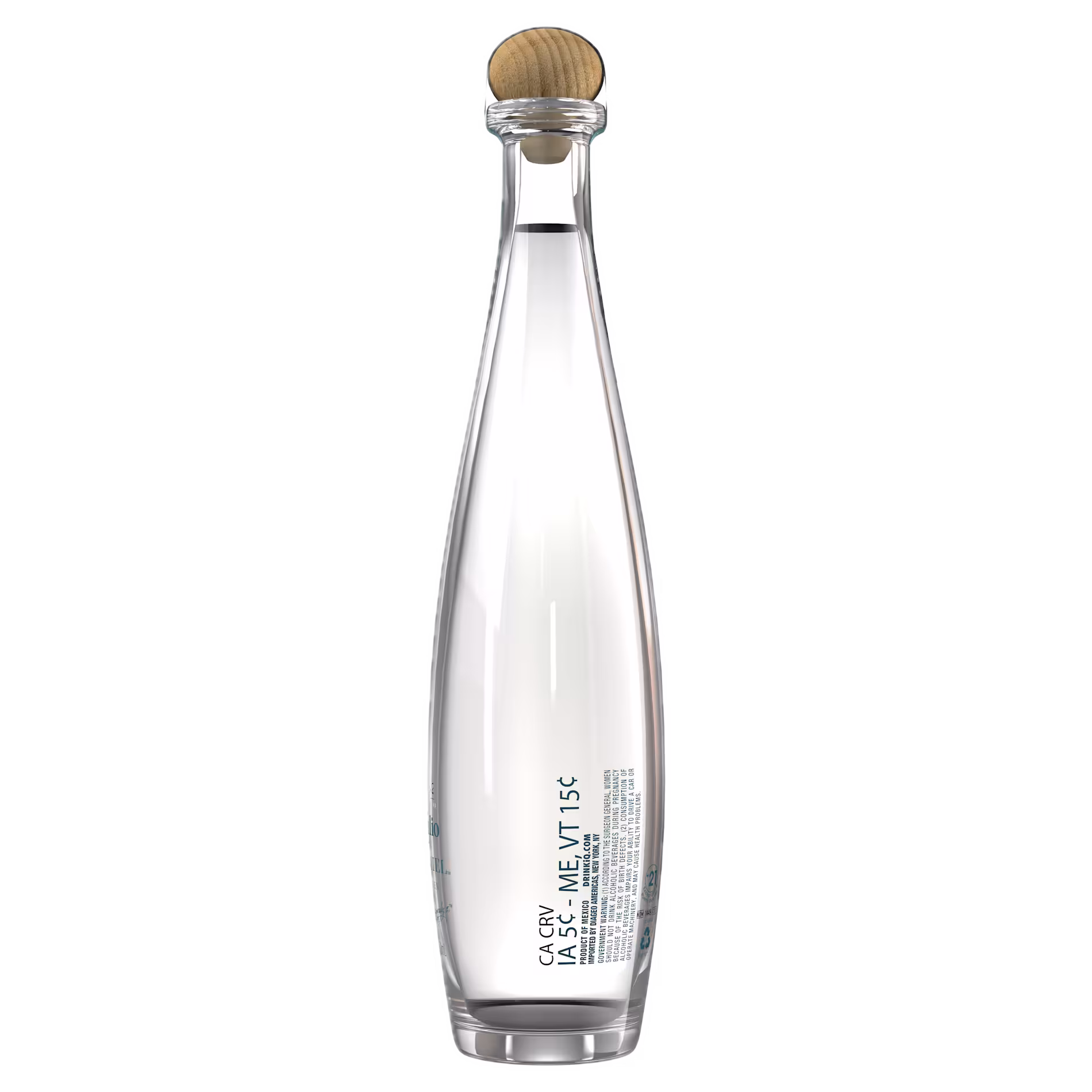 Tall, clear glass bottle with a rounded wooden cap, filled with clear liquid and labeled CASA DRAGONES JOVEN along the side.