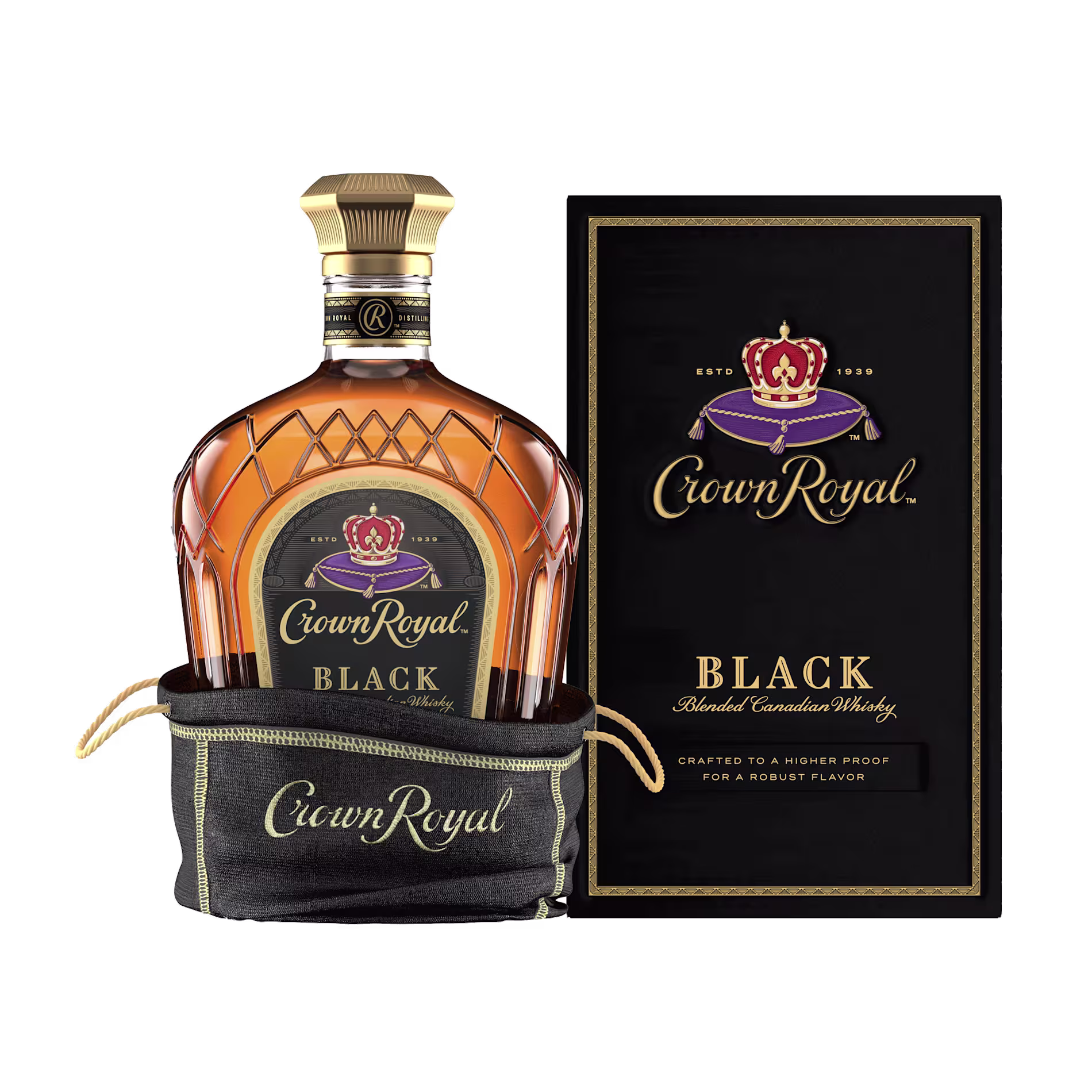 A bottle of Crown Royal Black blended Canadian whisky in a black pouch, displayed next to its matching black and gold box.