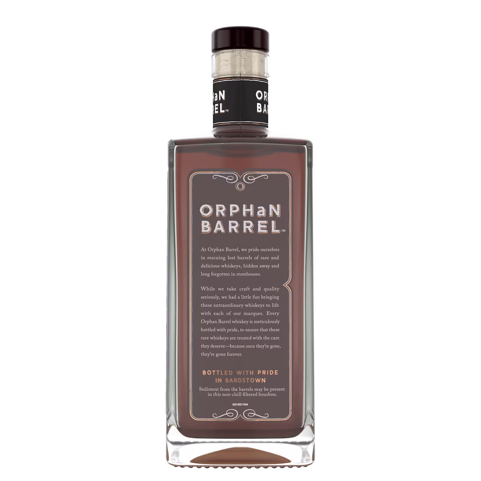 A rectangular glass bottle of Orphan Barrel whiskey with a black cap and label, featuring product description text on the front.