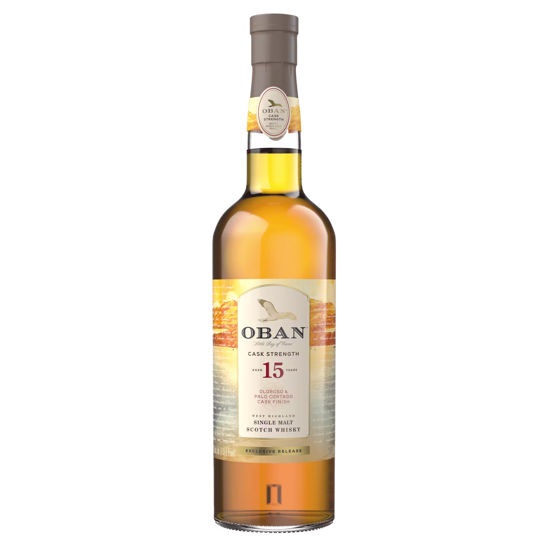 A bottle of Oban 15 Year Old Cask Strength Single Malt Scotch Whisky with a beige and gold label, set against a plain white background.
