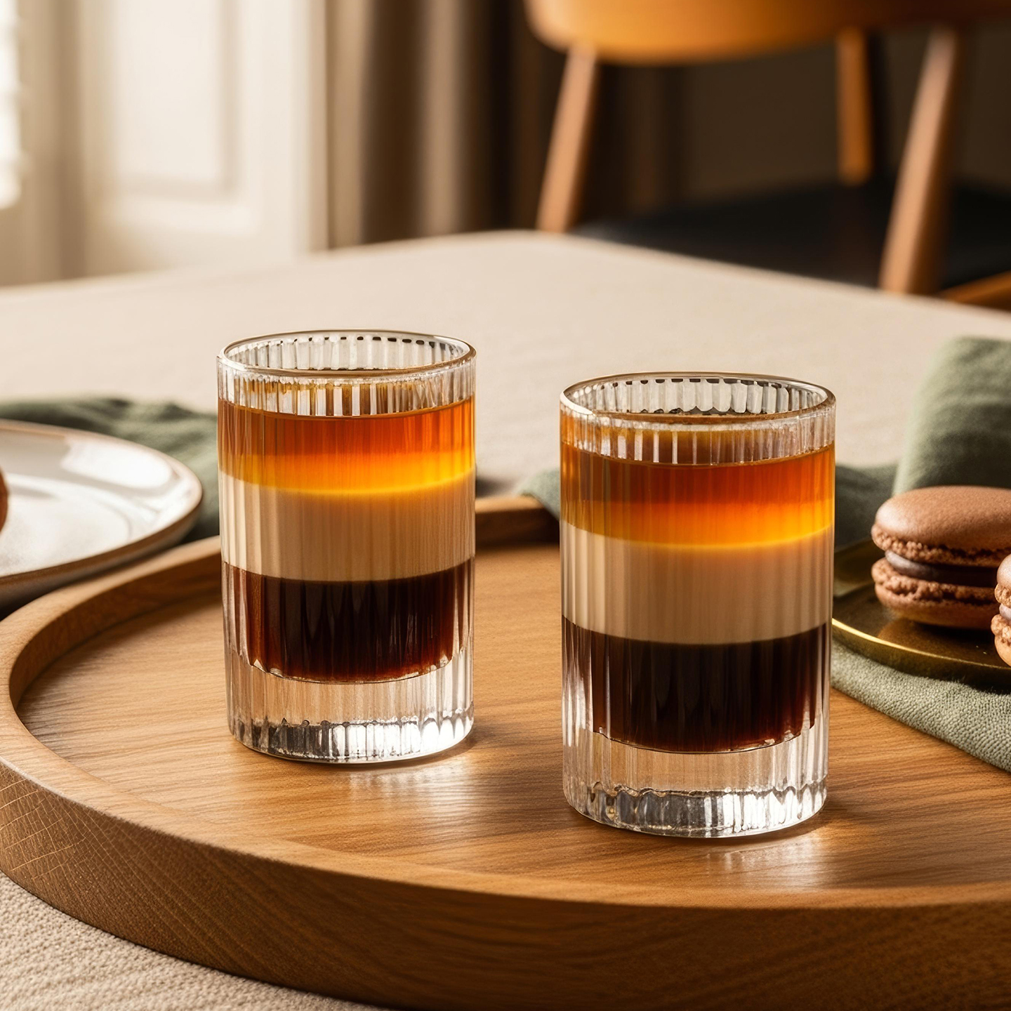 Două cocktailuri Baileys B52 sunt așezate pe o tavă de lemn lângă farfurii cu macaroane de ciocolată și trufe.