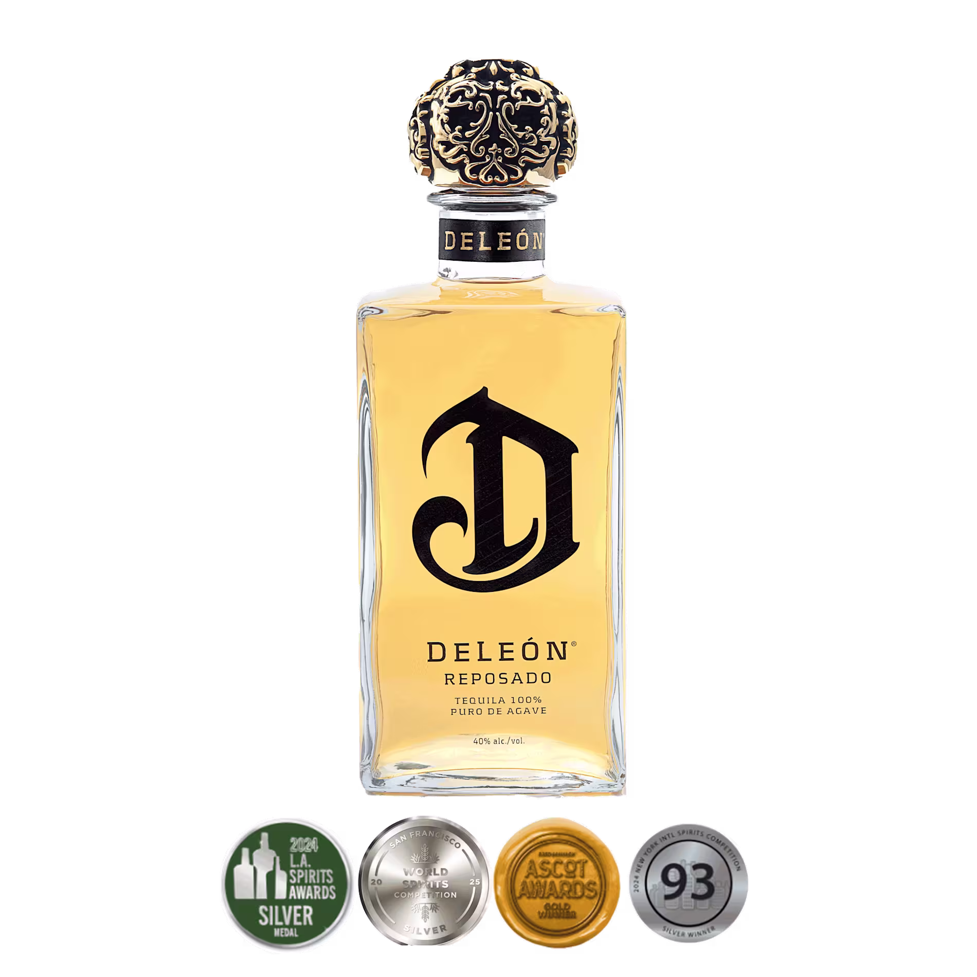 A bottle of DeLeón Reposado Tequila with a decorative cap, standing behind four award medals, including a silver medal and a 93 points rating.
