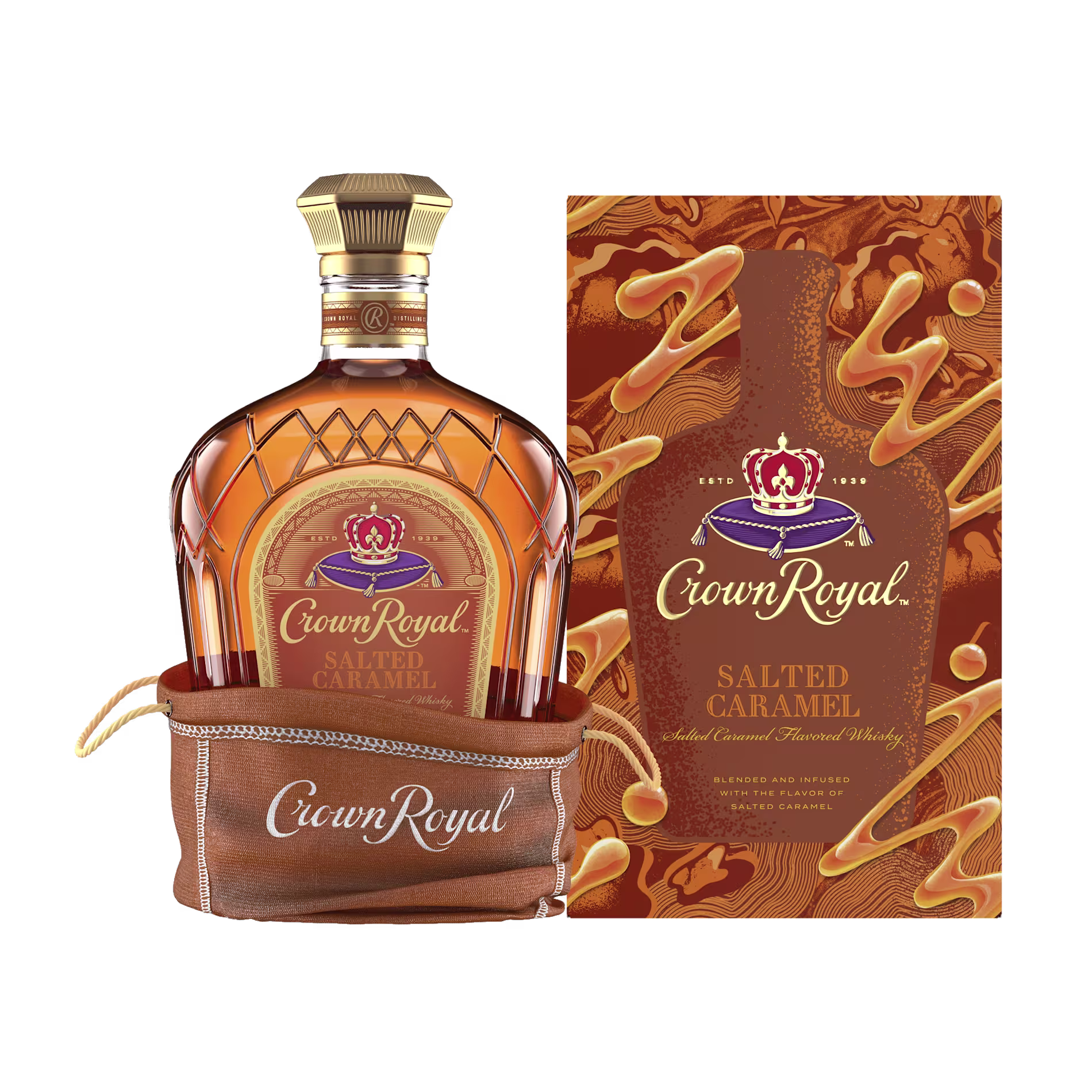Crown Royal Salted Caramel whisky bottle in a brown pouch, shown next to its matching decorative box featuring caramel drizzle graphics.