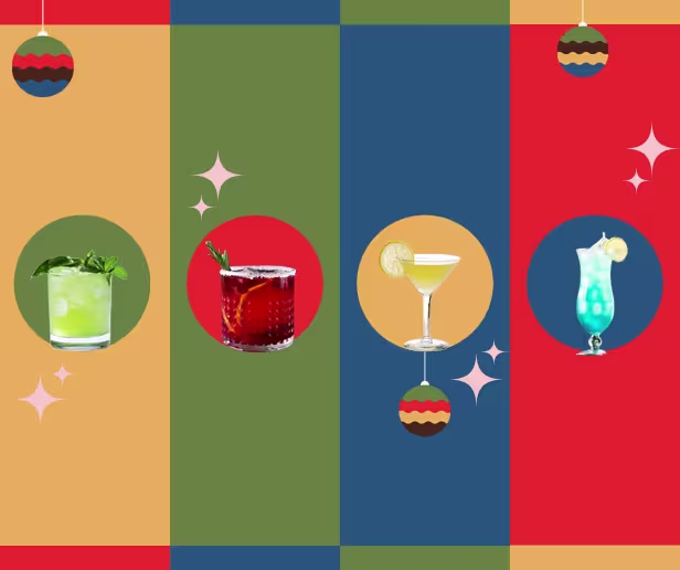 Four cocktails are displayed on a colorful, striped background with holiday ornament graphics and star accents.