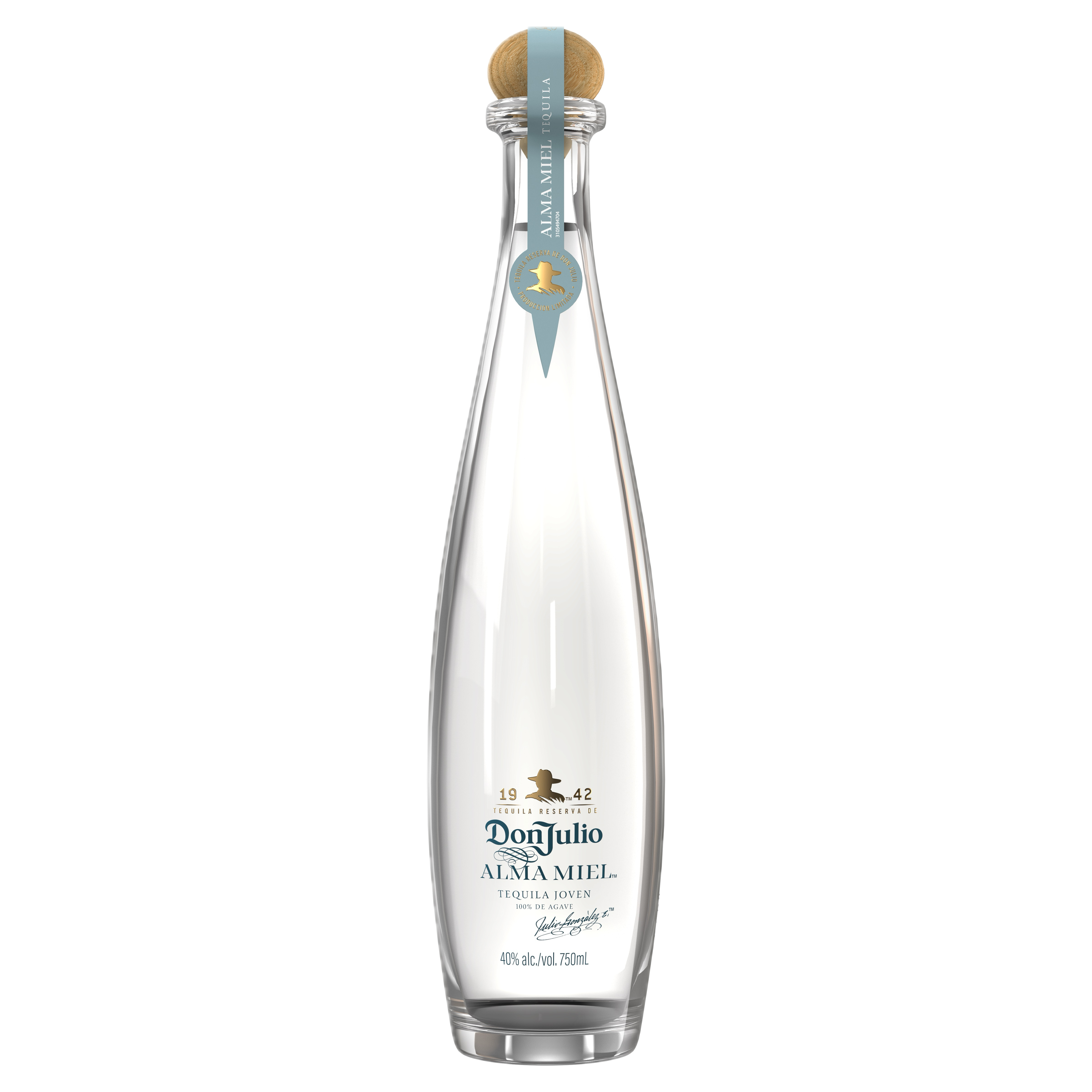 A clear glass bottle of Don Julio Alma Miel tequila with a wooden cap, blue ribbon, and gold accents, labeled as 40% Alc/Vol and 750ml.