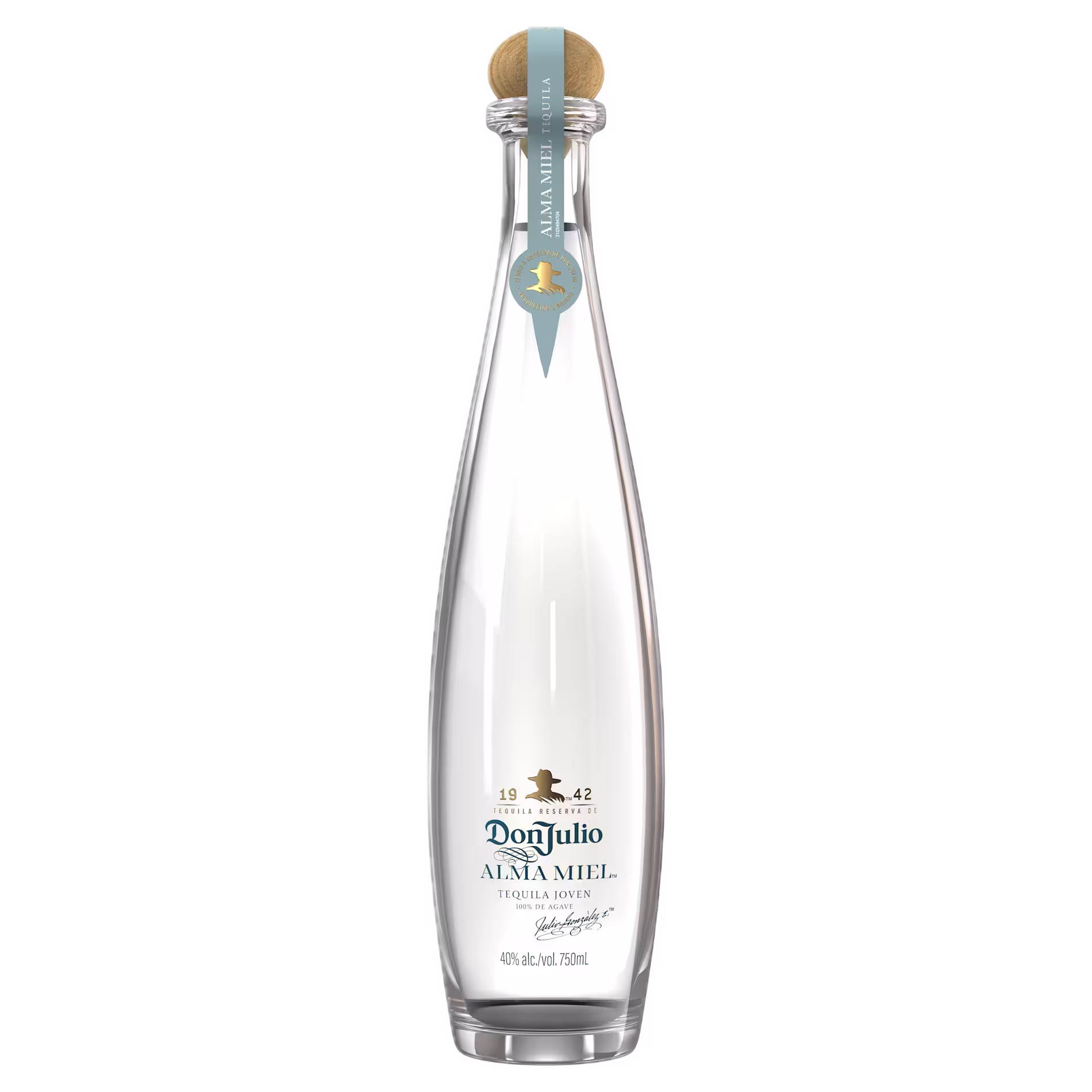 A clear glass bottle of Don Julio Alma Miel tequila with a wooden cap, blue ribbon, and gold accents, labeled as 40% Alc/Vol and 750ml.
