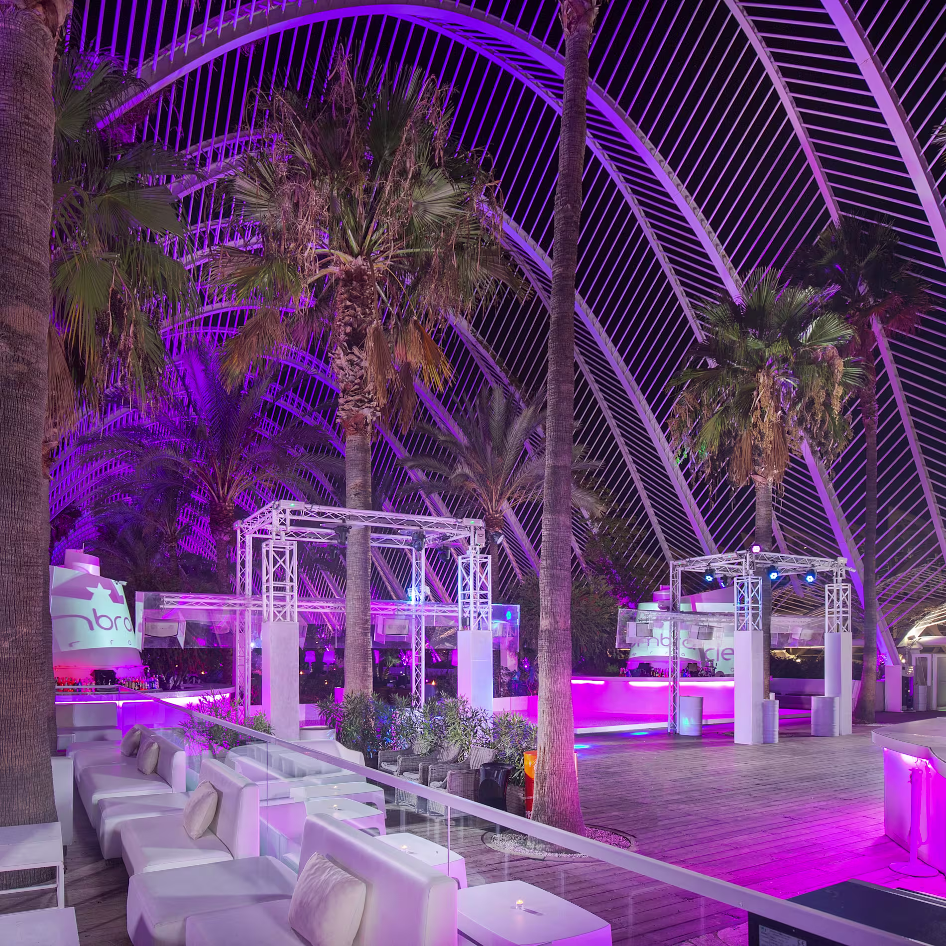 The Bar | L’Umbracle - Reflejo de la estructura de L’Umbracle en el agua, mostrando su iluminación vibrante y el diseño arquitectónico futurista.
