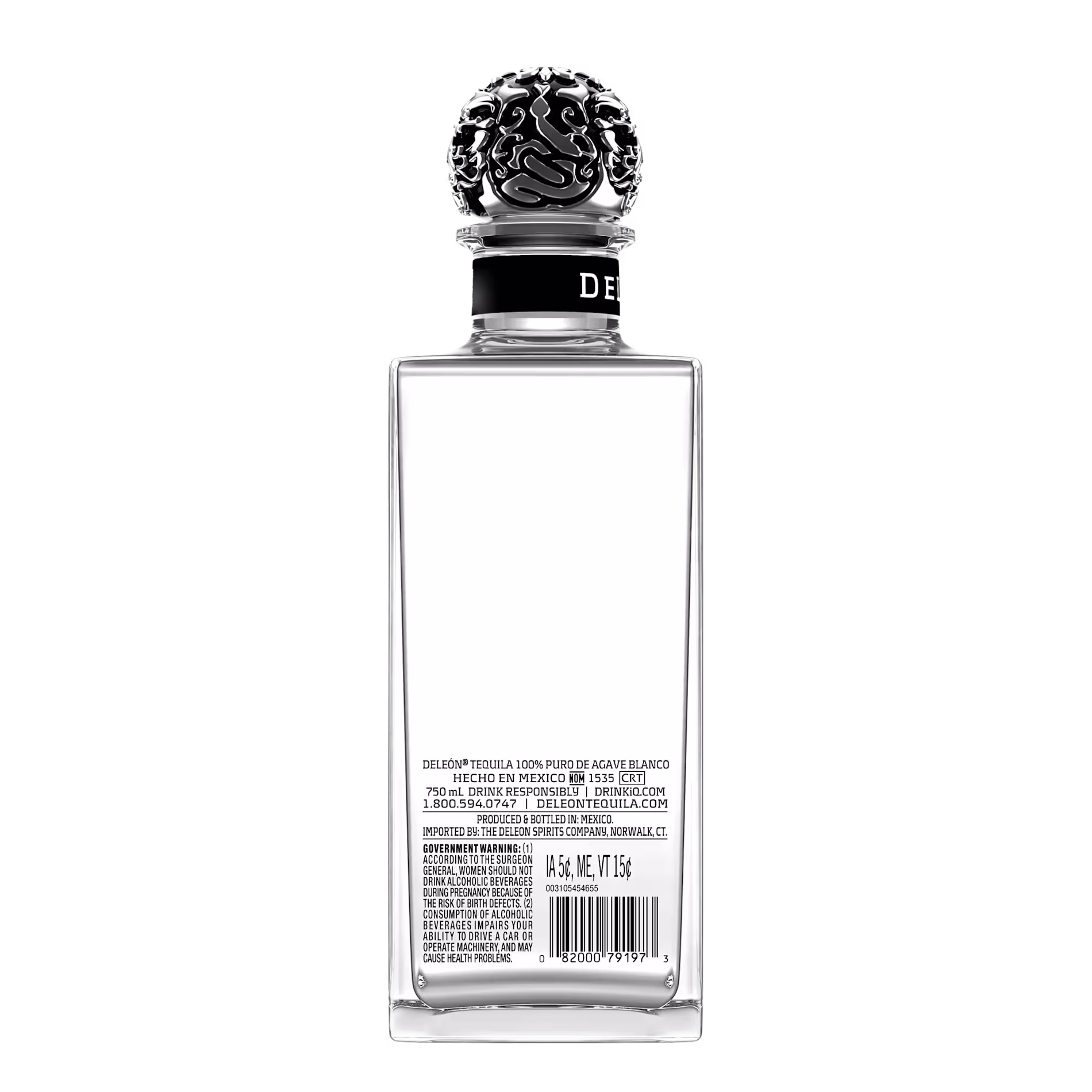 A clear glass bottle of DeLeón Tequila, shown from the back with a decorative cap and a visible label containing product information and a barcode.