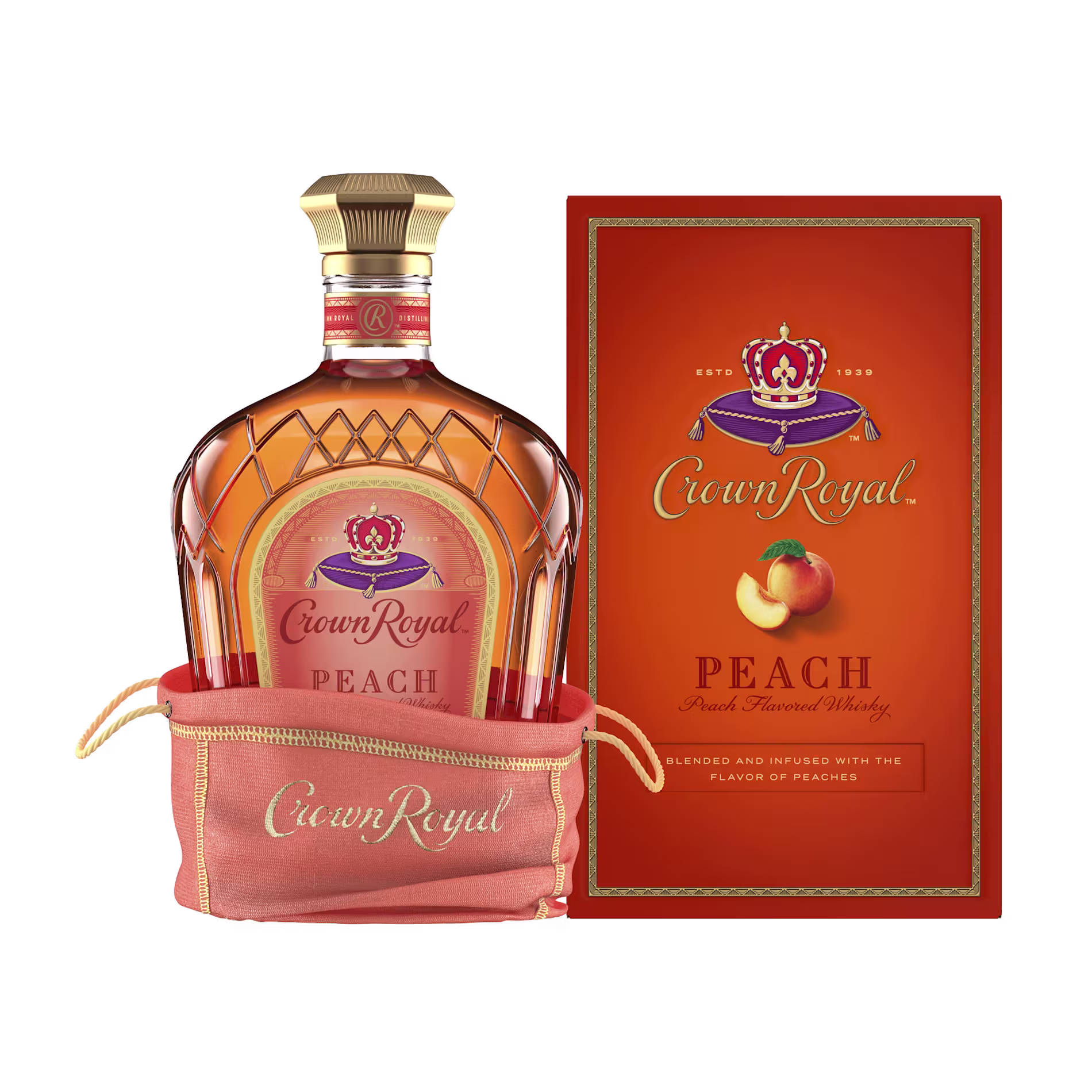 A bottle of Crown Royal Peach whisky in a peach-colored bag is shown next to its matching box, both labeled “Peach” with fruit imagery and gold accents.