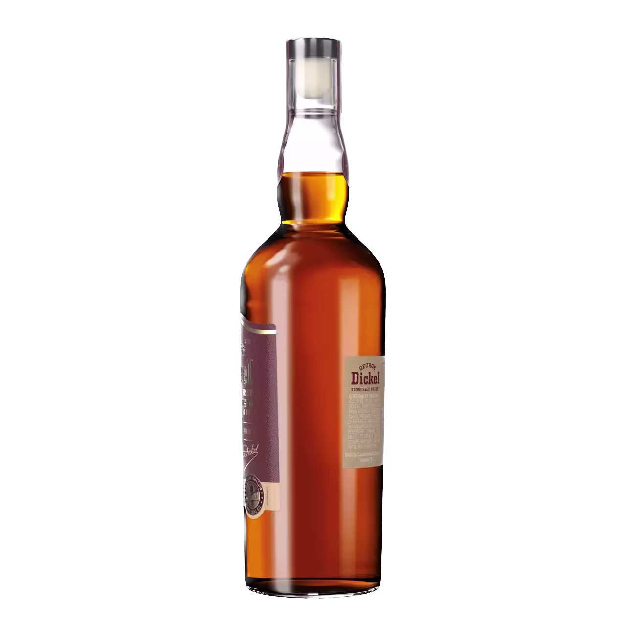 A bottle of George Dickel Tennessee Whisky with a brown liquid inside, clear cap, and beige label, set against a black background.