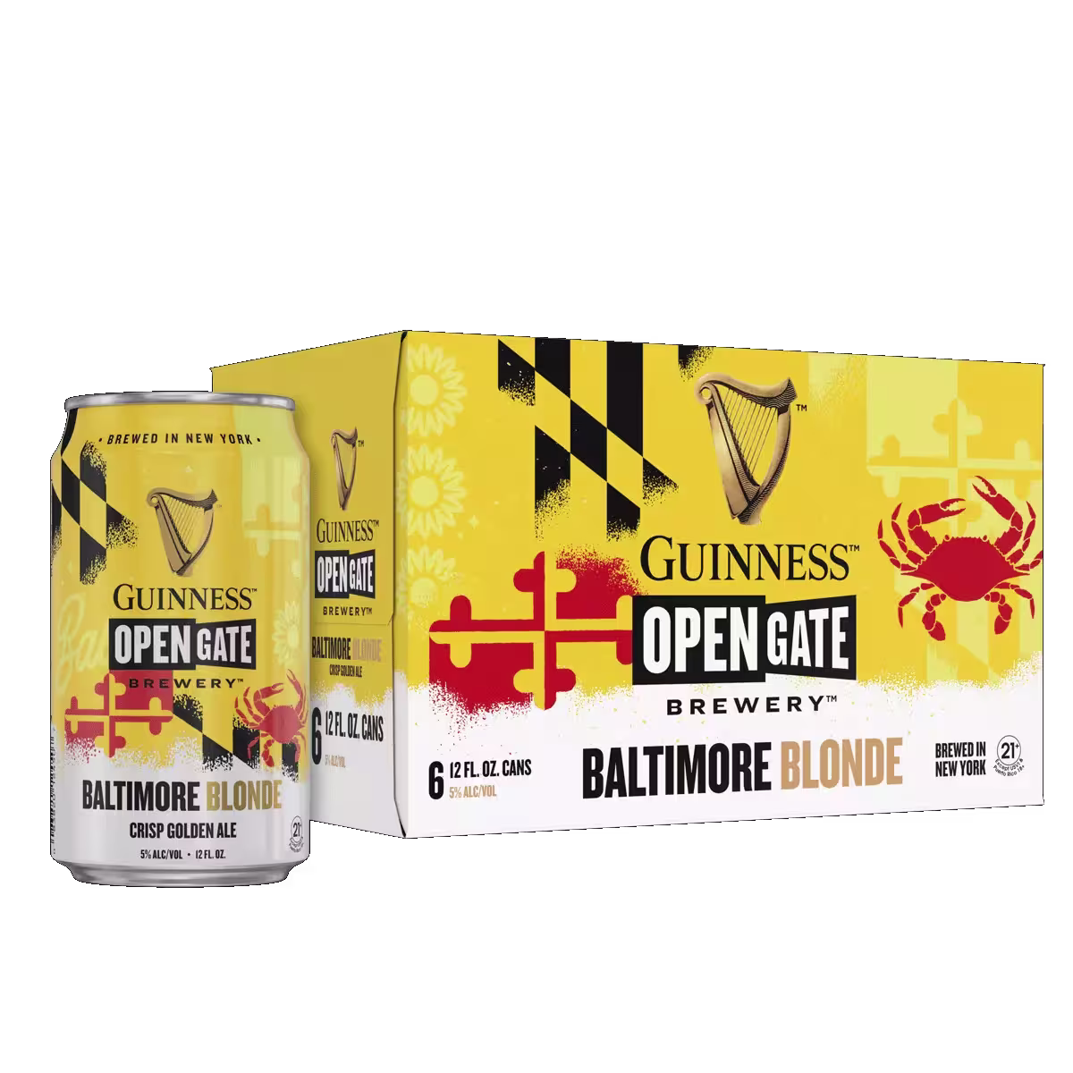 A six-pack box and a single can of Guinness Open Gate Brewery Baltimore Blonde beer, featuring a yellow Maryland-themed design with a crab and flag elements.