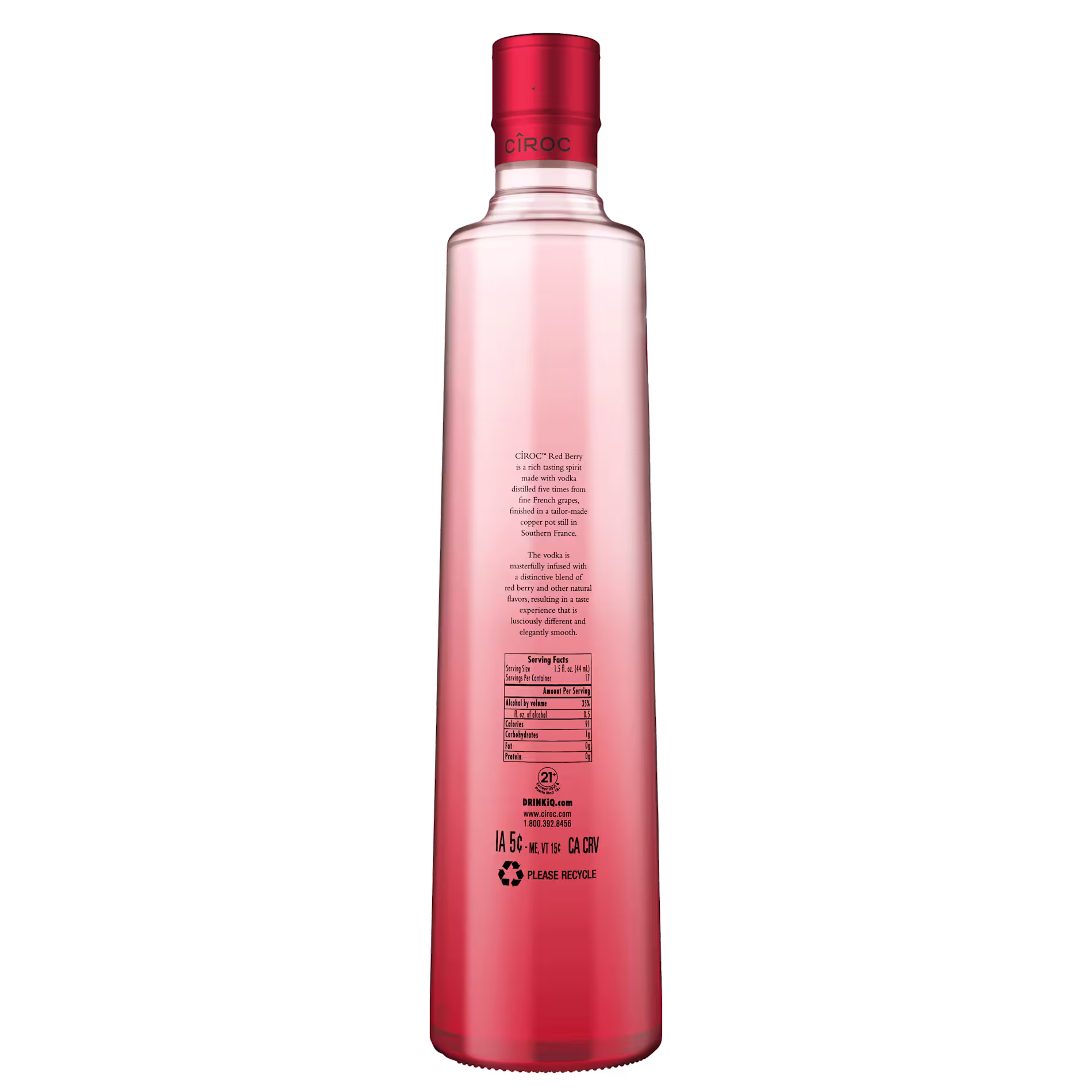 A tall, clear bottle with a red cap and red gradient, showing the back label of Ciroc vodka, including nutritional information and recycling instructions.