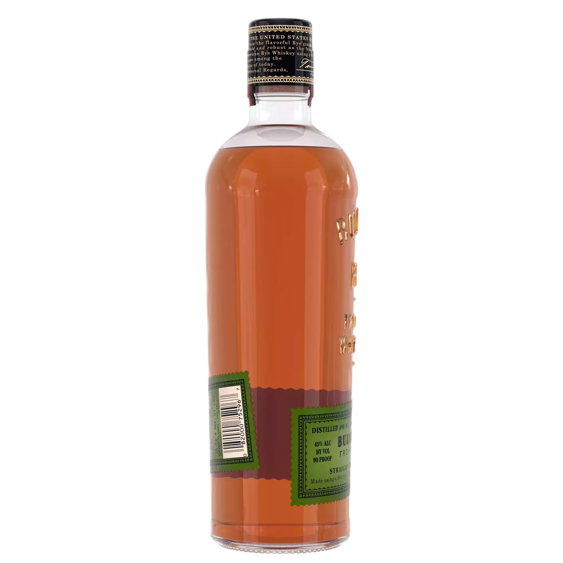 A bottle of whiskey with a dark cap, gold lettering, and green label, shown from the side with a visible barcode and no branding on the front.