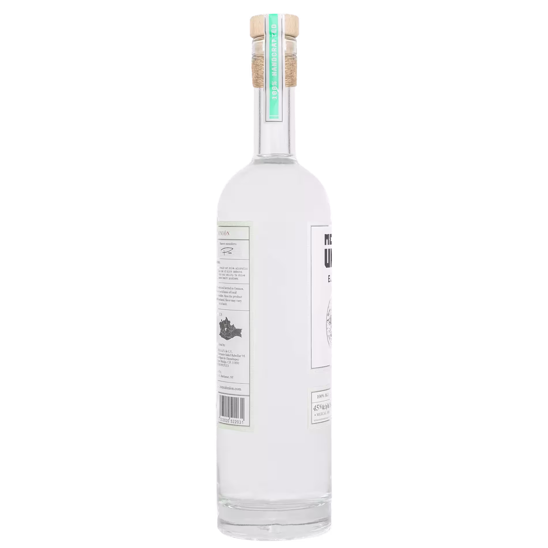 A tall, clear glass bottle with a cork stopper, filled with a transparent liquid. The bottle has a white label with text and a barcode visible on the side.