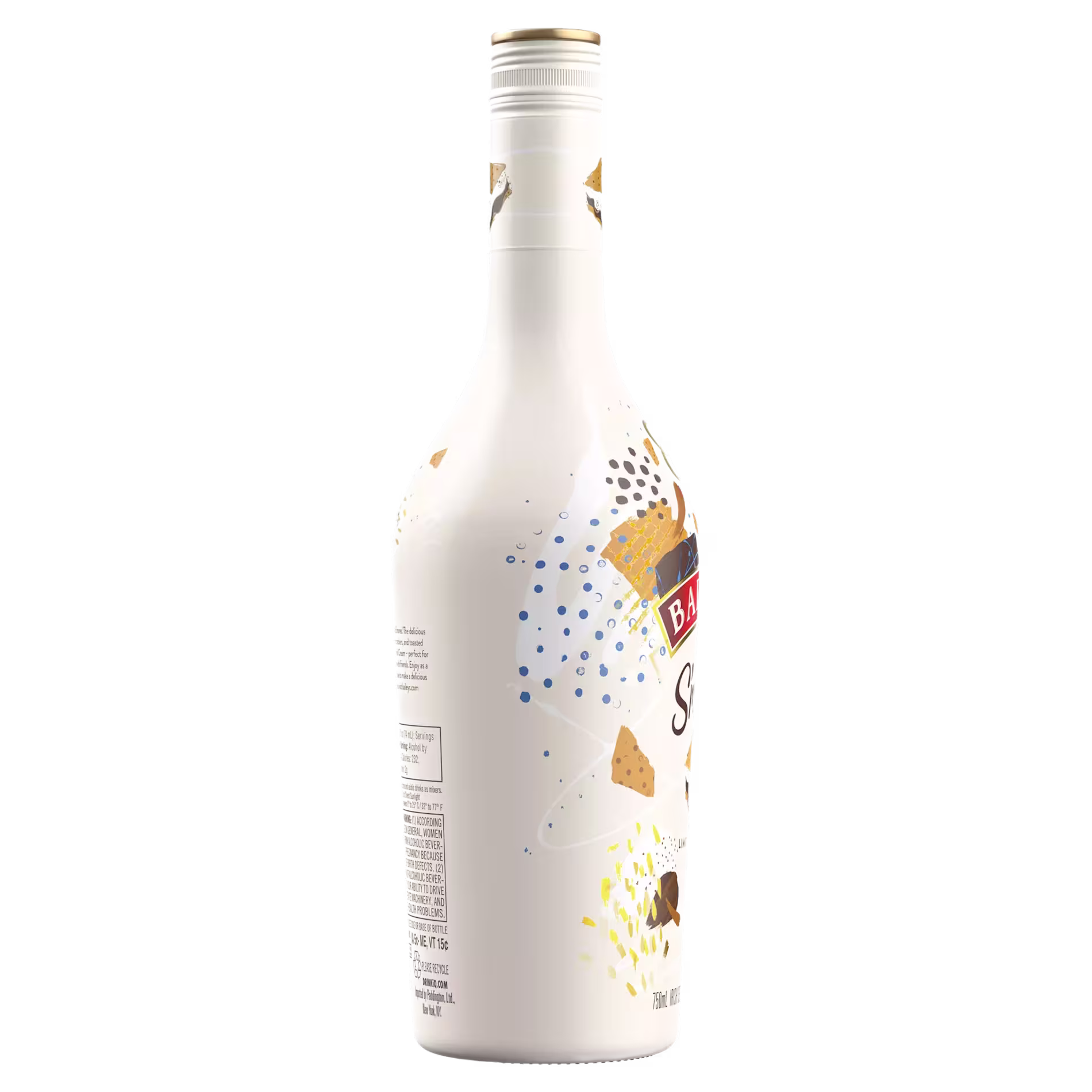 A white bottle of Baileys Smores liqueur, shown from the side with partial label and cookie-inspired design elements.