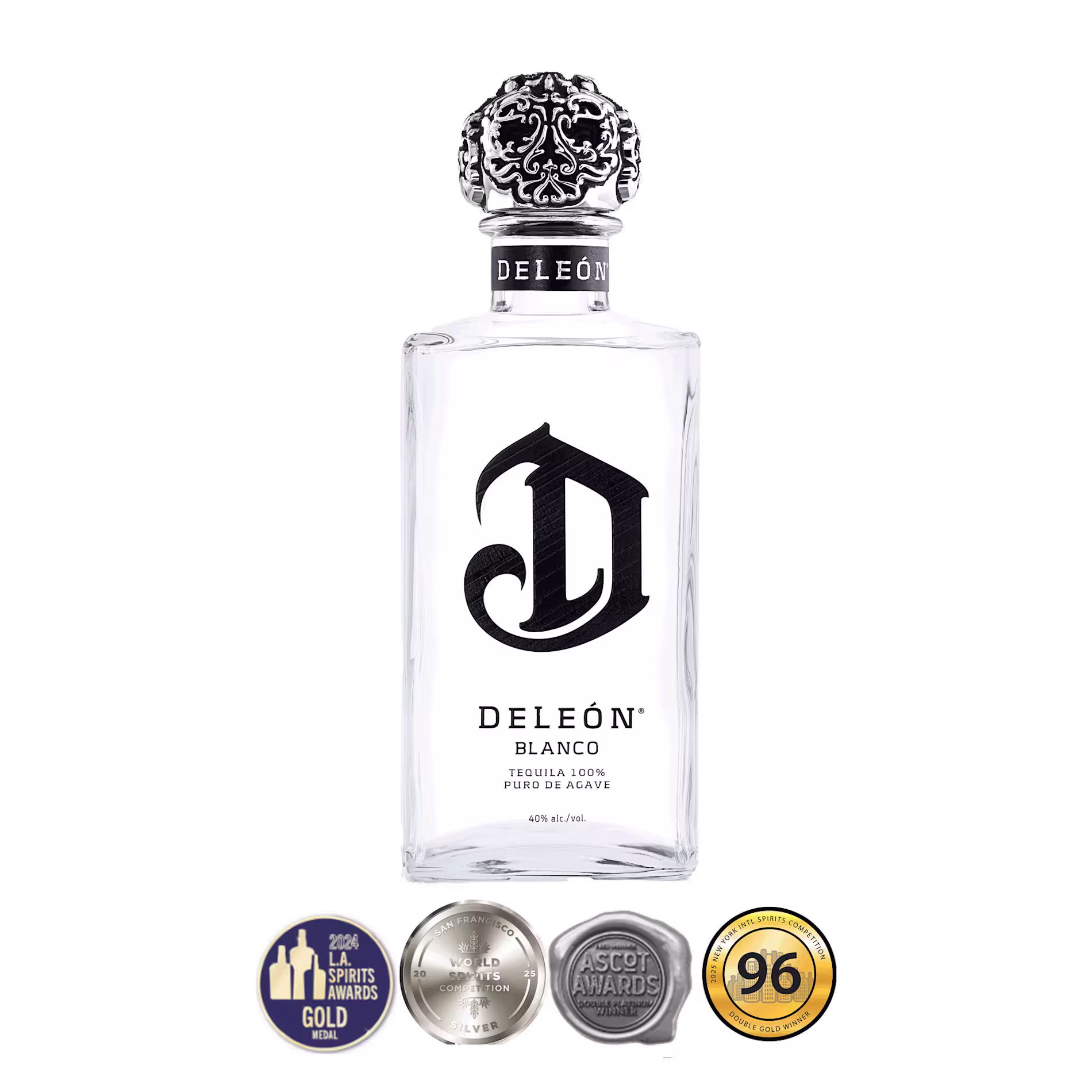 A clear bottle of DeLeón Blanco tequila with a decorative cap, large black D logo, and four award medals displayed at the base.