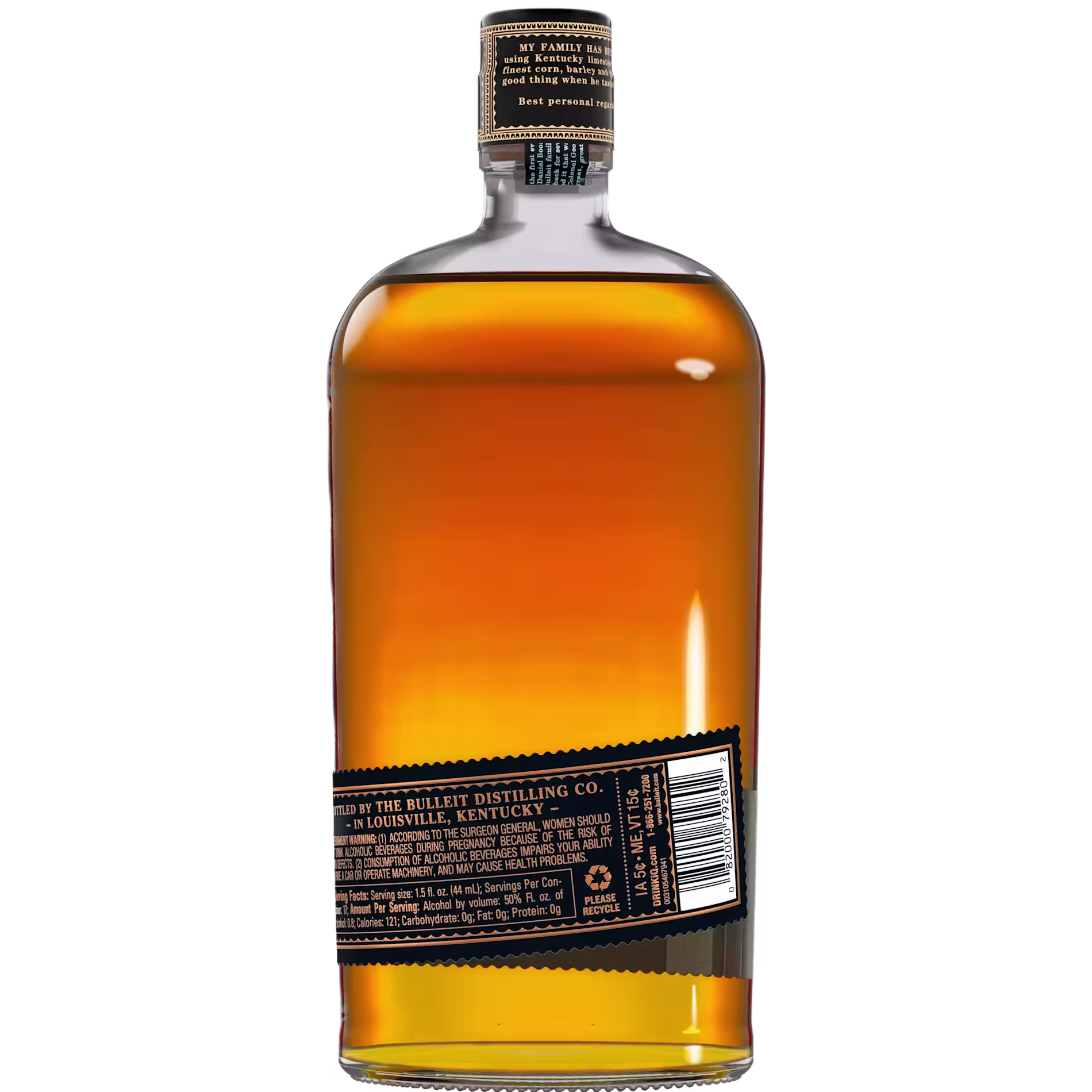 A clear glass bottle filled with amber-colored liquid, featuring a black cap and a black label with white text and a barcode.