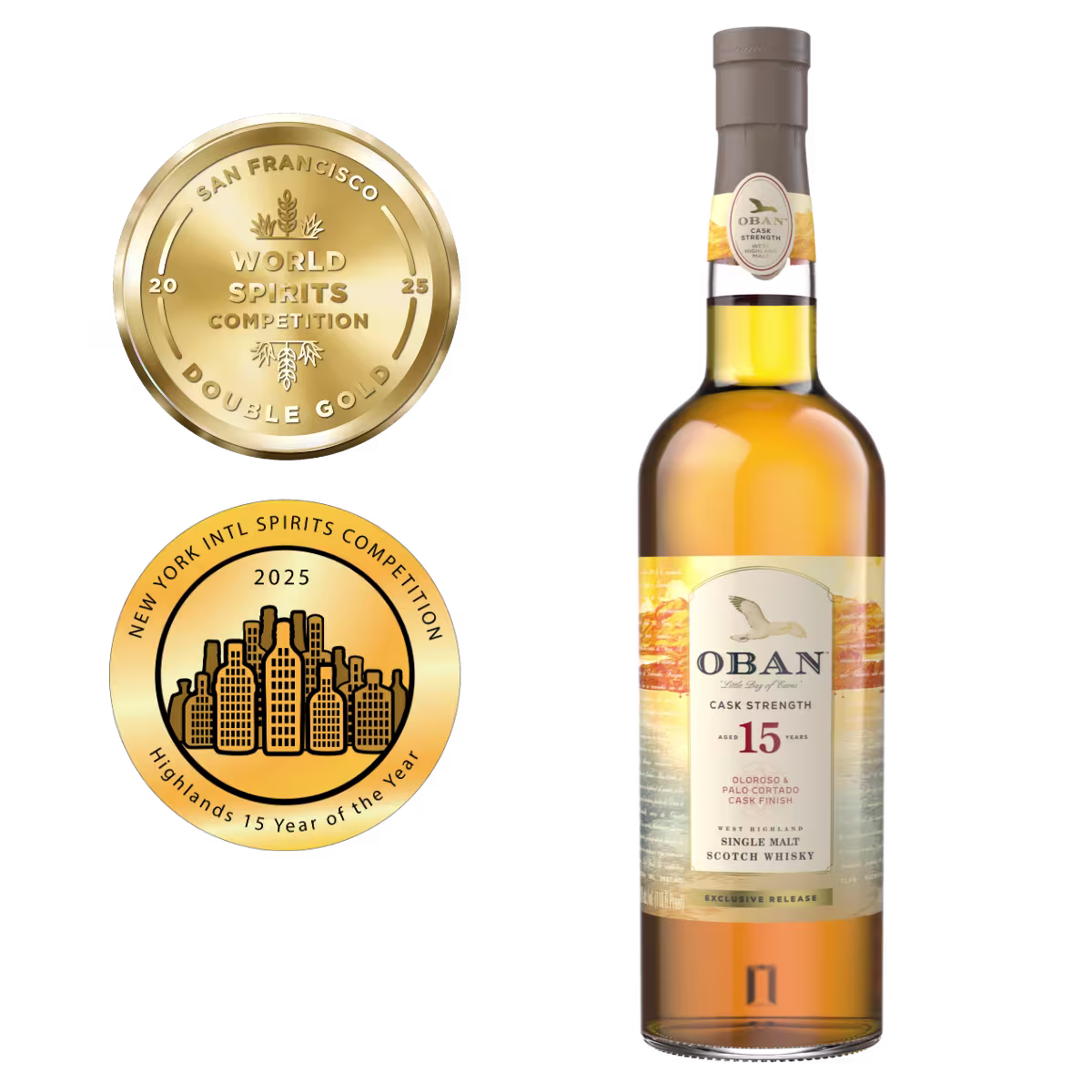 A bottle of Oban 15-Year-Old Single Malt Scotch Whisky next to two gold award medals from spirits competitions in San Francisco and New York.
