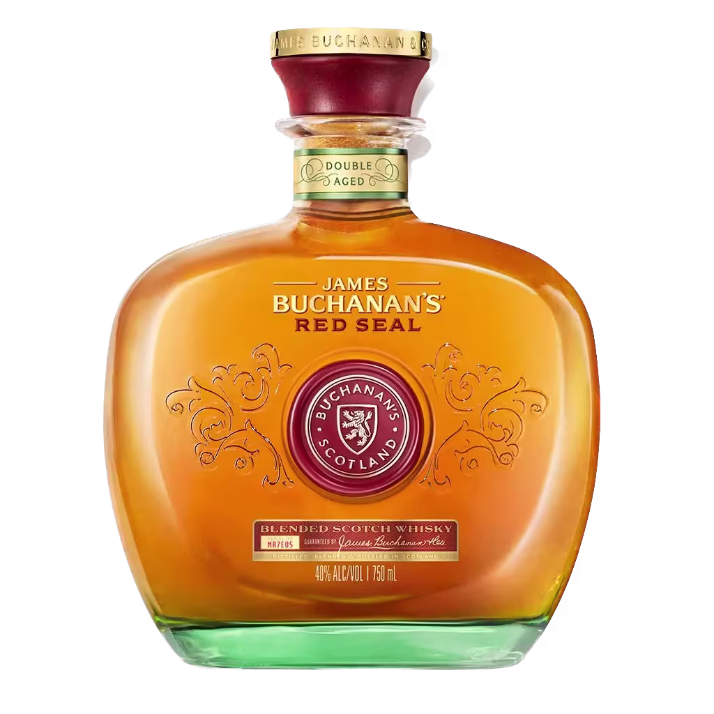 A bottle of James Buchanan’s Red Seal Blended Scotch Whisky, featuring a red cap, gold label, and ornate detailing on the front.