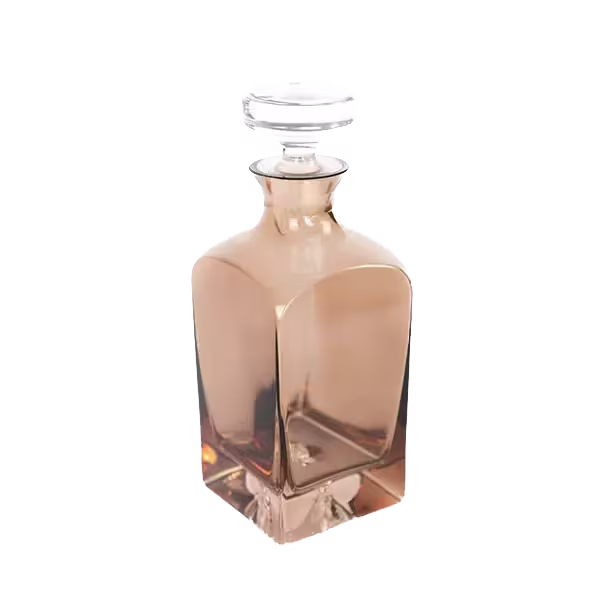 A square-shaped glass decanter with a matching glass stopper, containing a light amber liquid.