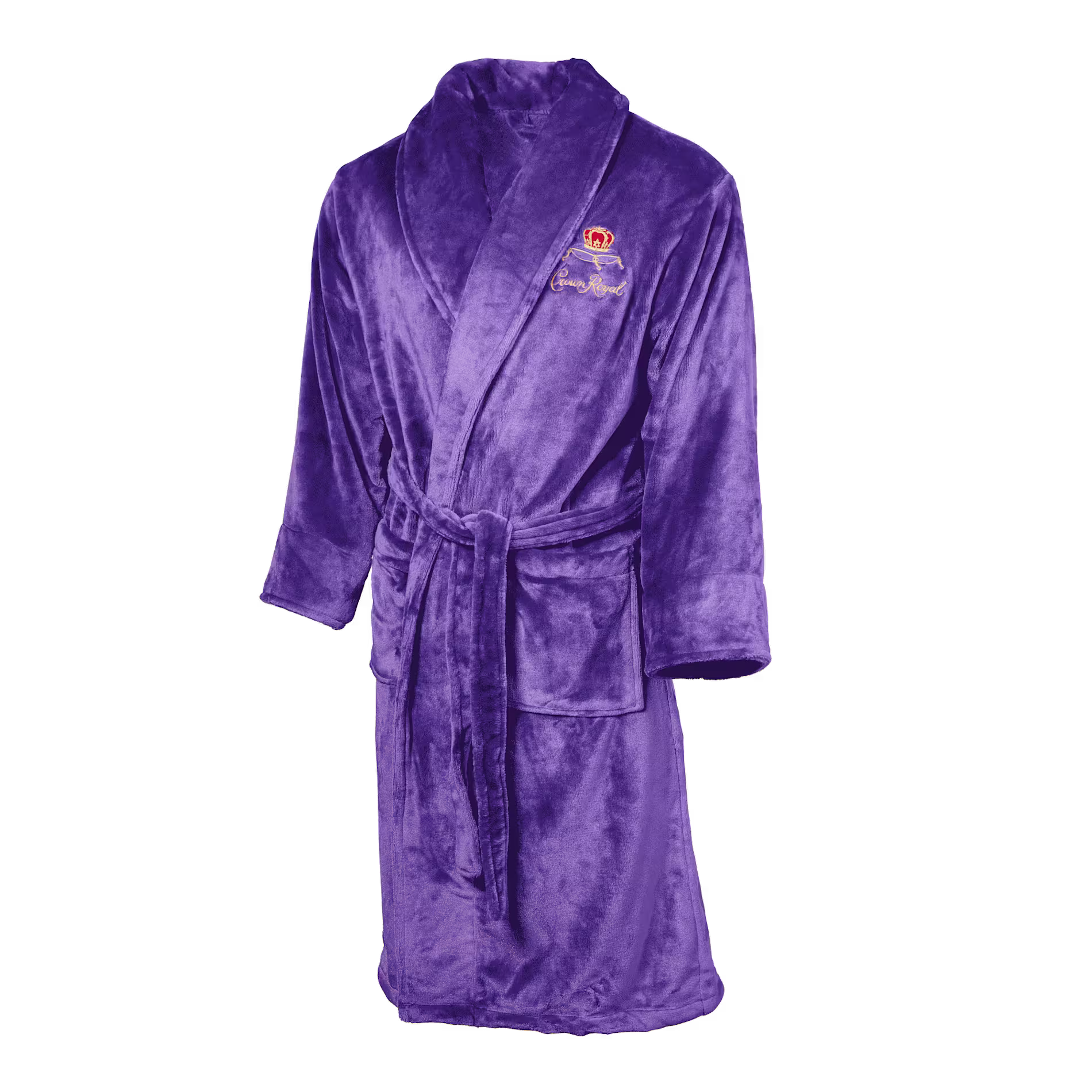 A plush purple bathrobe with a waist tie and an embroidered gold and red logo on the left chest, displayed on a white background.
