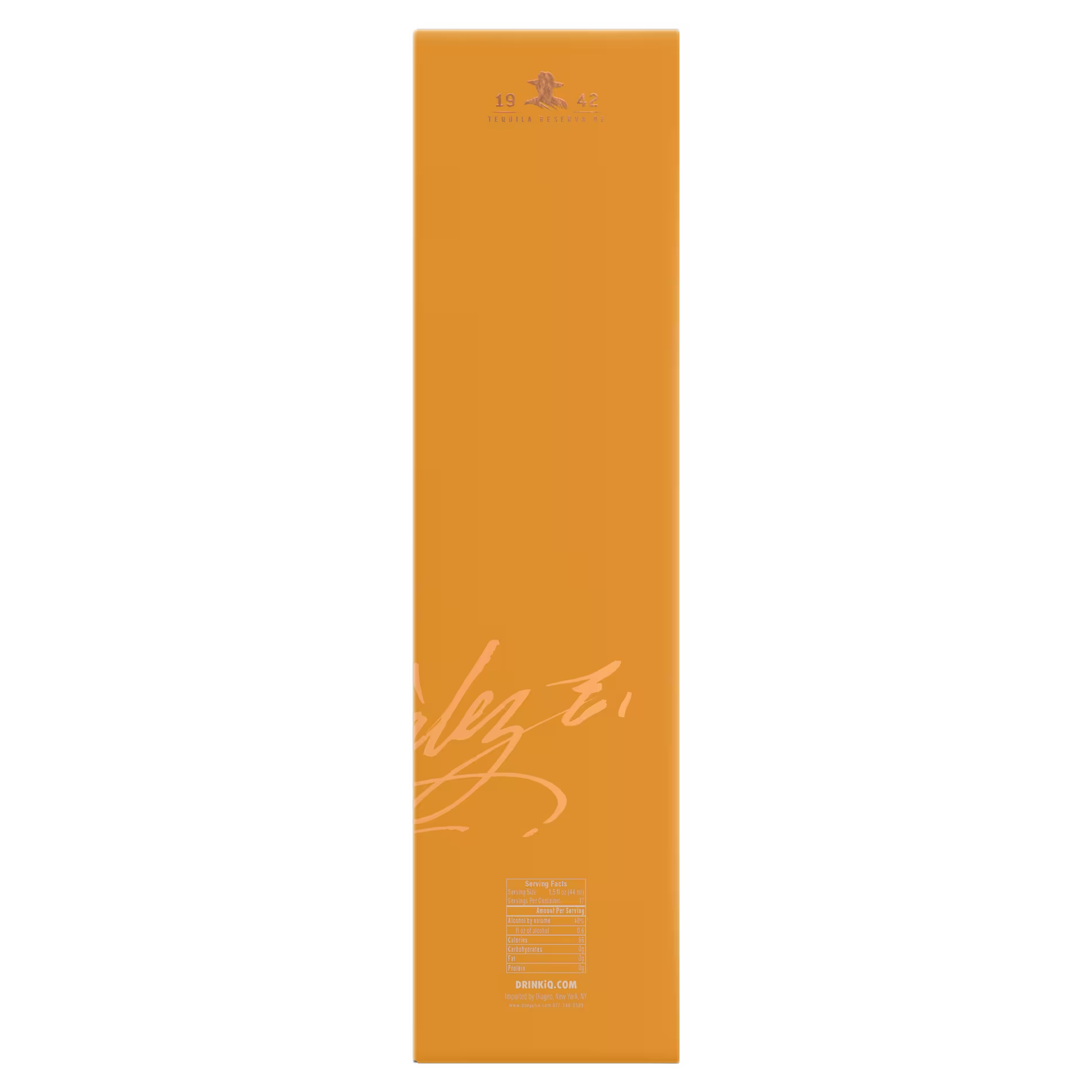 Tall, rectangular, orange box with white text and markings, including 1942 and product information near the bottom.