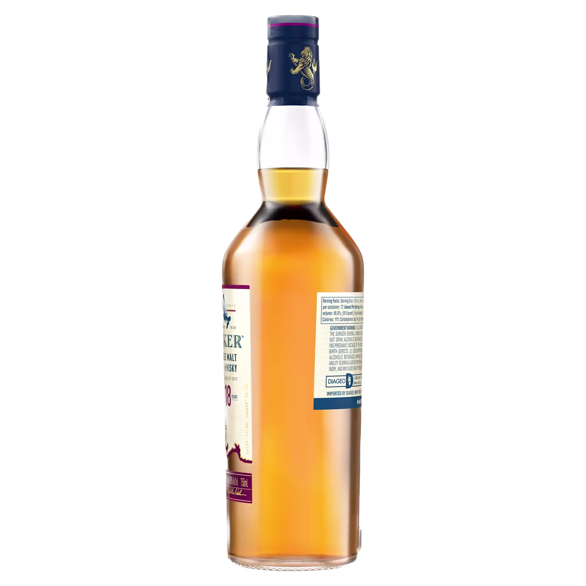 A bottle of single malt whisky with a blue and gold cap, partially showing the front label and the full back label with text.