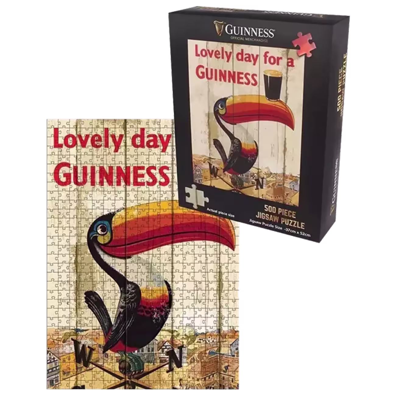 A completed 500-piece jigsaw puzzle and its box, both showing a Guinness advertisement with a toucan balancing a pint of Guinness on its beak and the text “Lovely day for a Guinness.”.