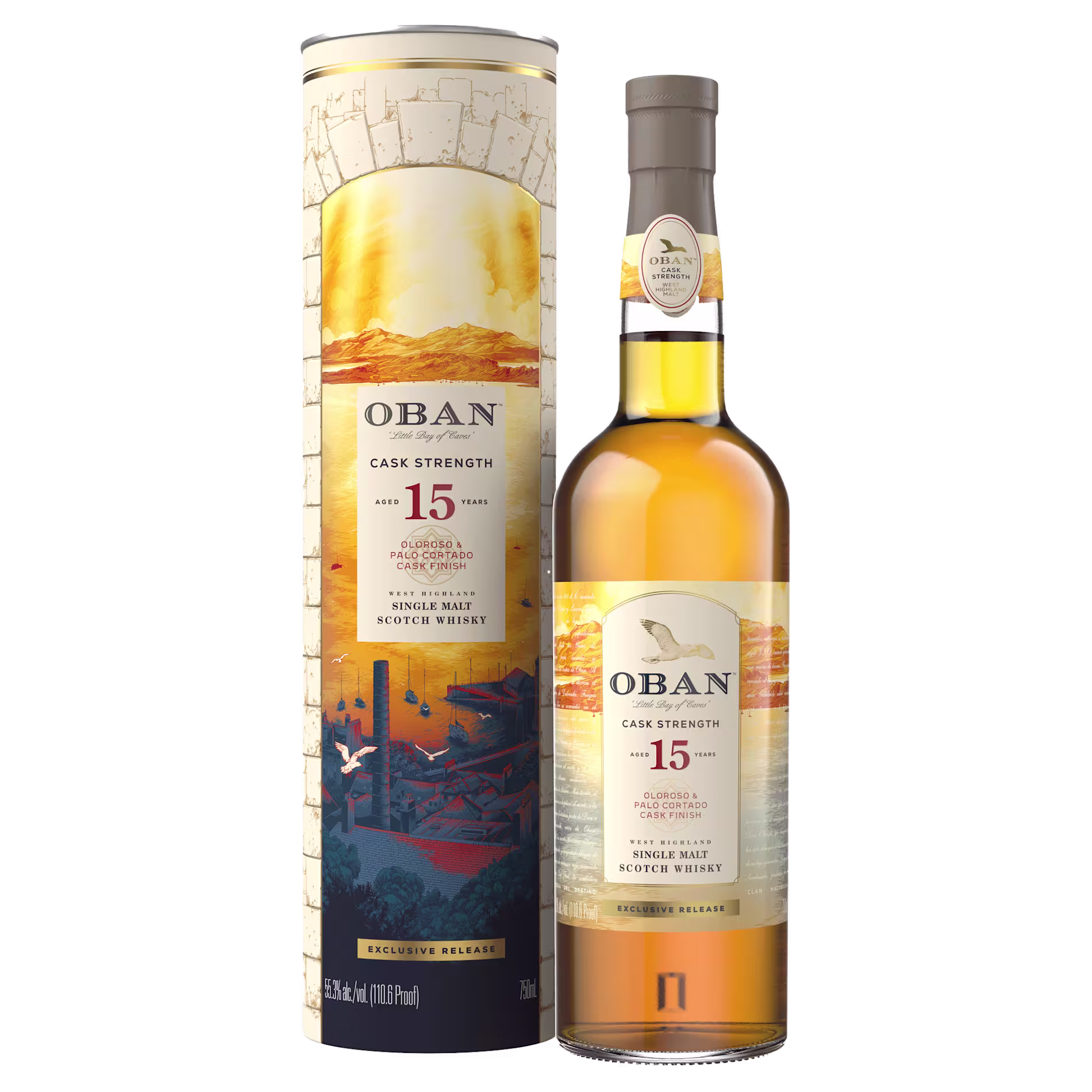 A bottle of Oban 15 Year Old Cask Strength Single Malt Scotch Whisky stands next to its cylindrical packaging, both featuring detailed artwork and product information.