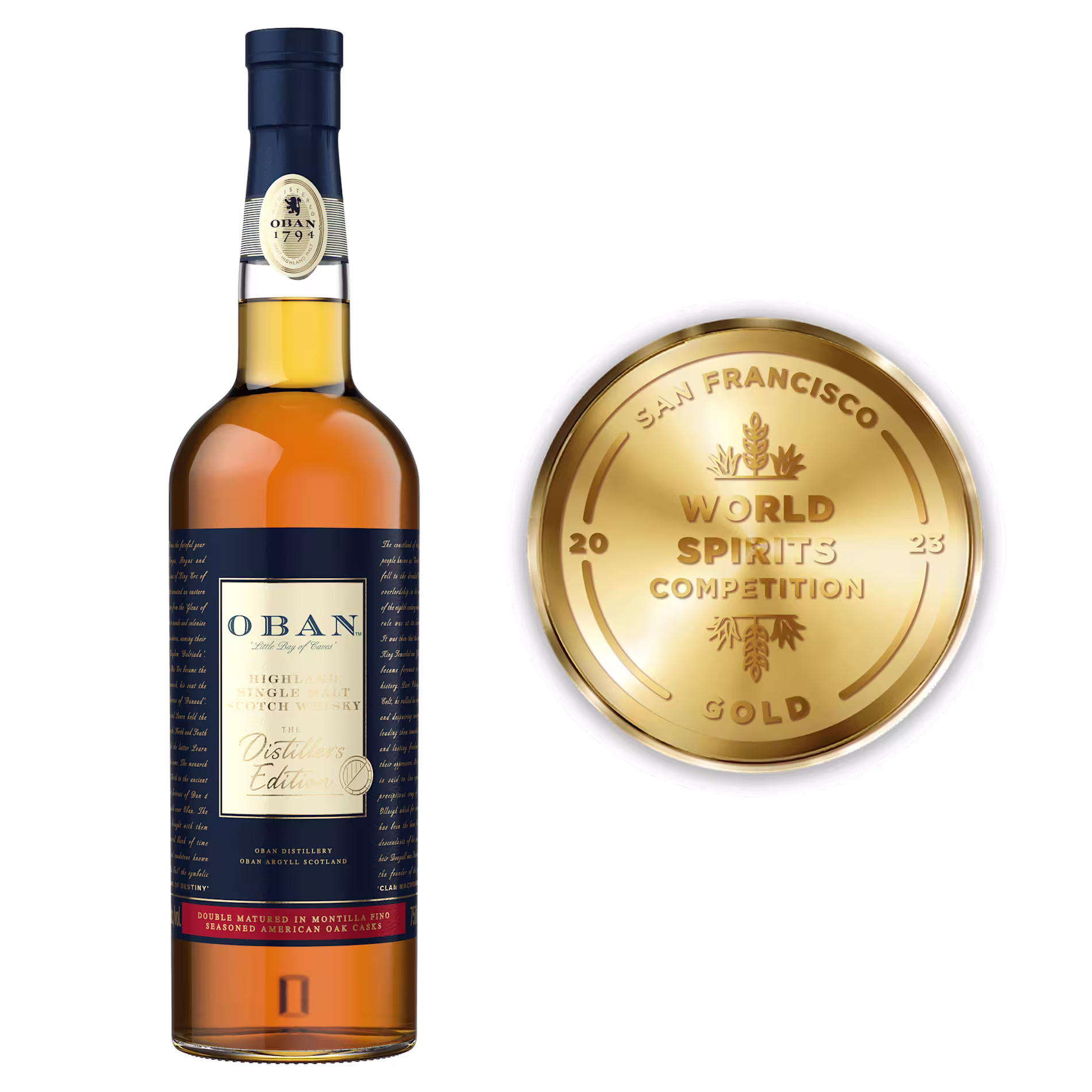 A bottle of Oban Distiller’s Edition whisky stands next to a gold medal from the 2023 San Francisco World Spirits Competition.