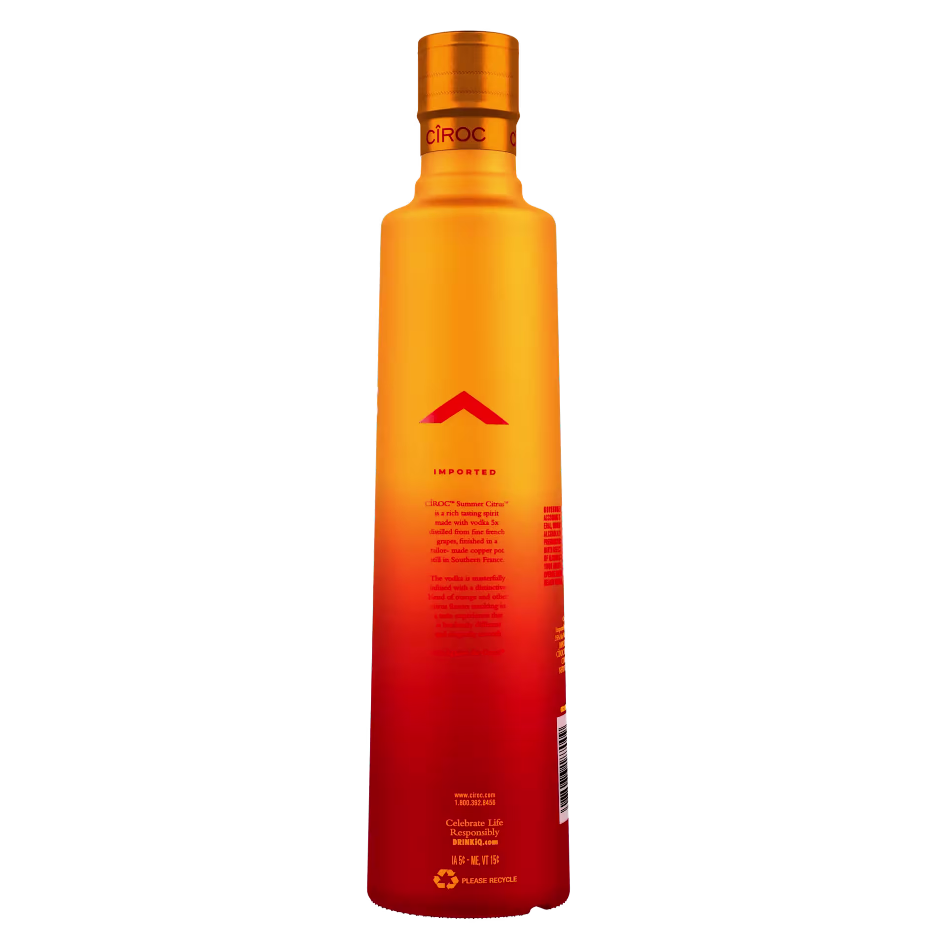 A tall, gradient orange and red bottle of Ciroc vodka with a yellow cap, standing upright against a black background.