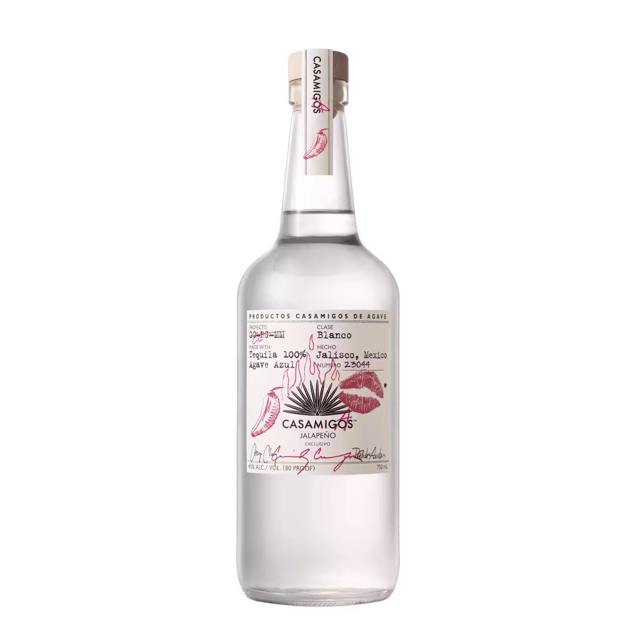 A clear glass bottle of Casamigos Blanco Tequila with a white label featuring red agave illustrations and black handwritten-style text on a plain black background.