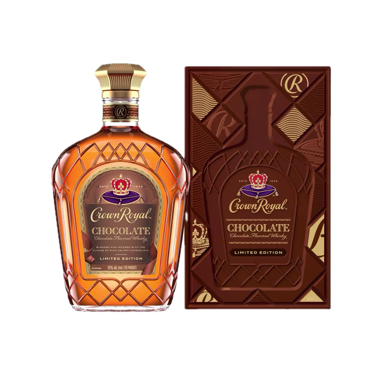 A bottle of Crown Royal Chocolate Limited Edition whisky is shown next to its matching brown and gold box with a chocolate-themed design.