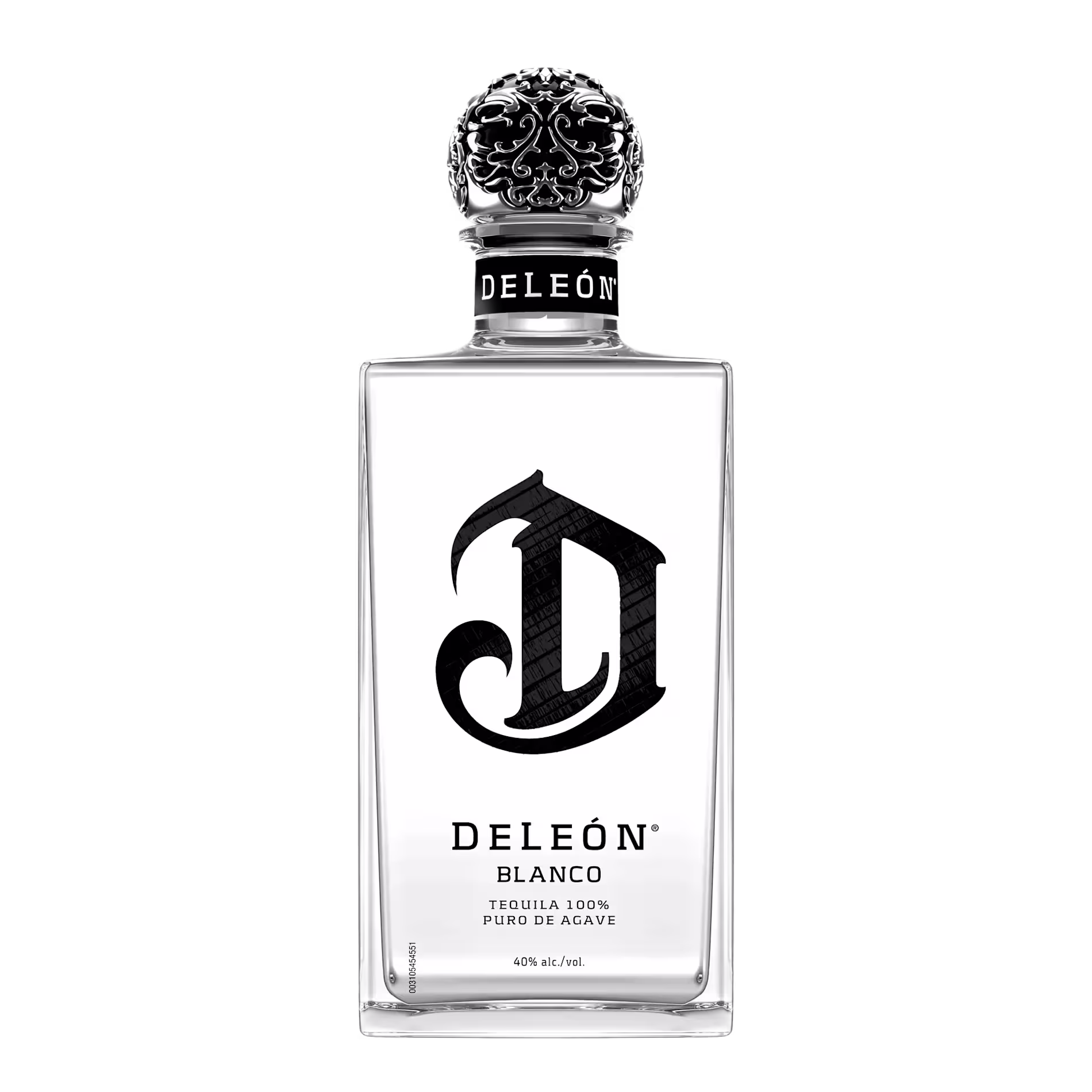 A clear glass bottle of DeLeón Blanco Tequila with a decorative cap and bold black D logo on the front label.