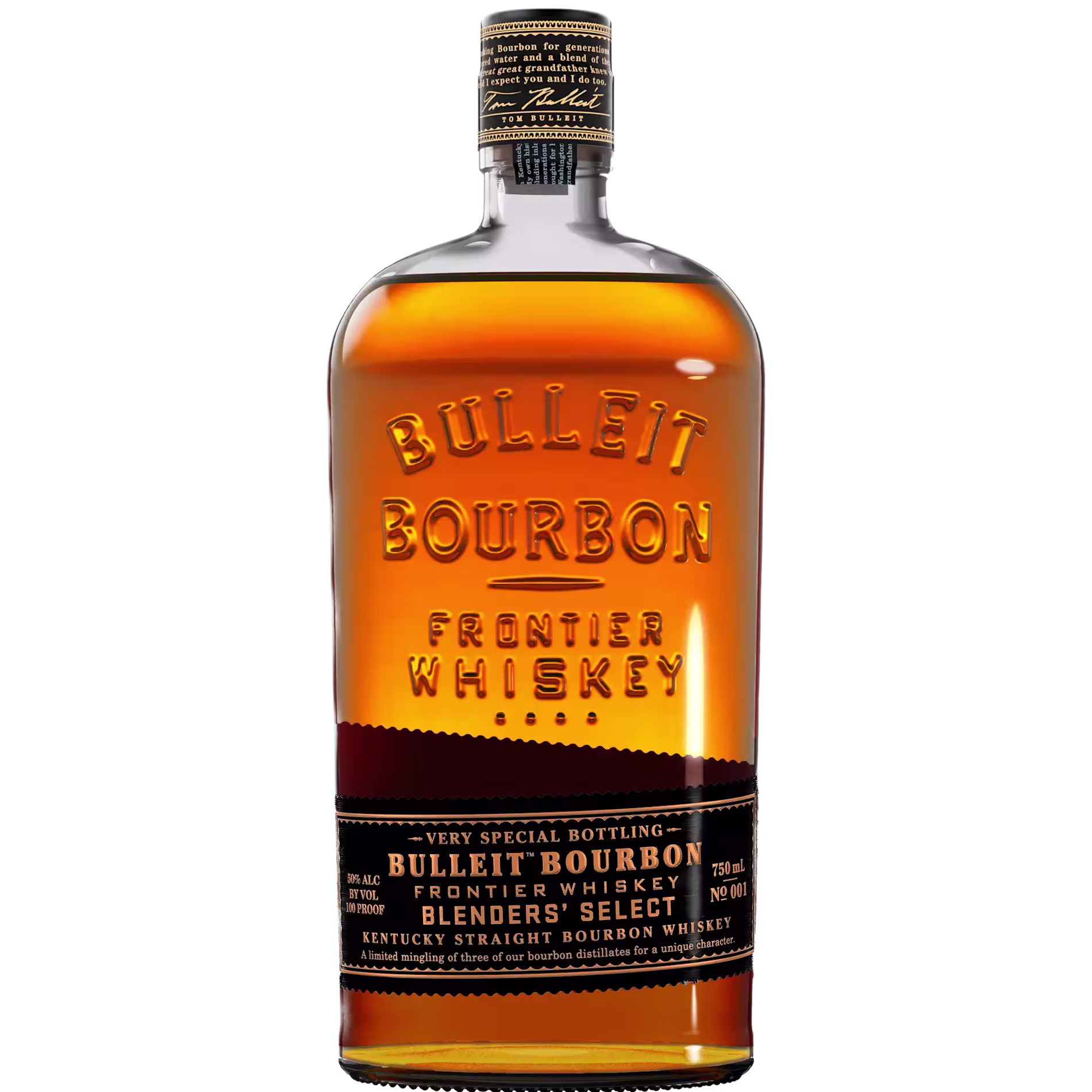 A bottle of Bulleit Bourbon Frontier Whiskey, labeled as Blenders Select, Kentucky Straight Bourbon Whiskey.