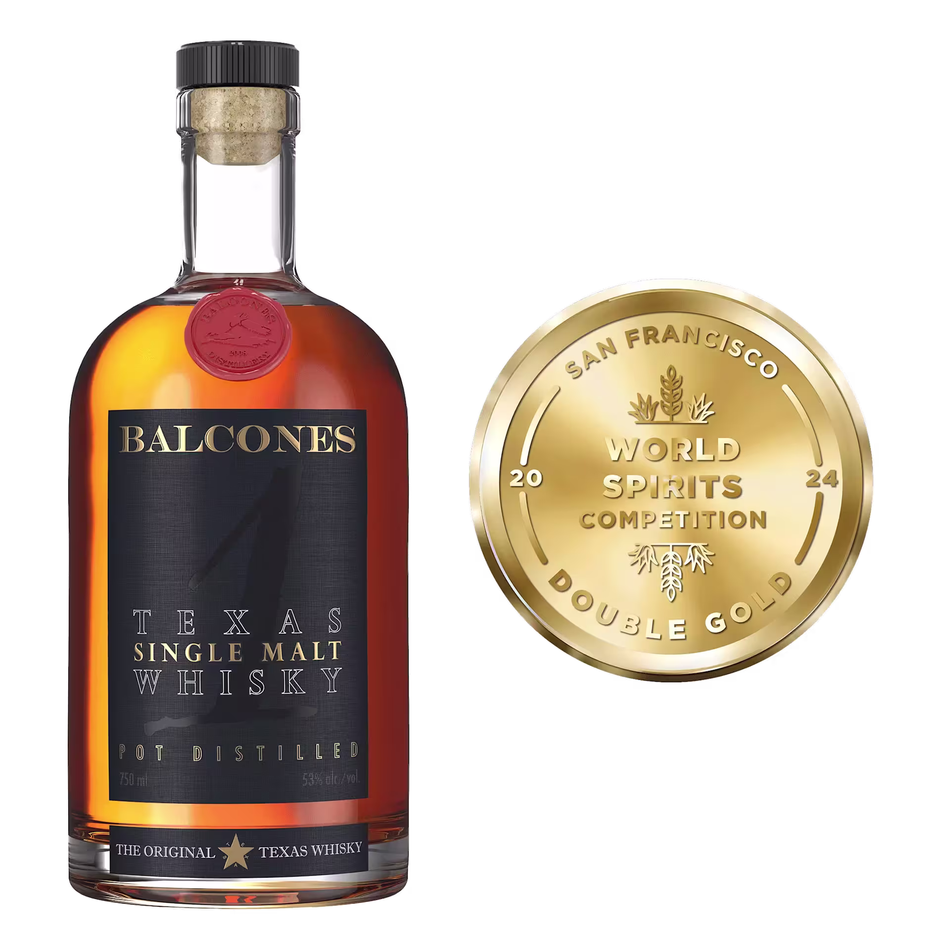 A bottle of Balcones Texas Single Malt Whisky next to a 2024 San Francisco World Spirits Competition Double Gold medal.